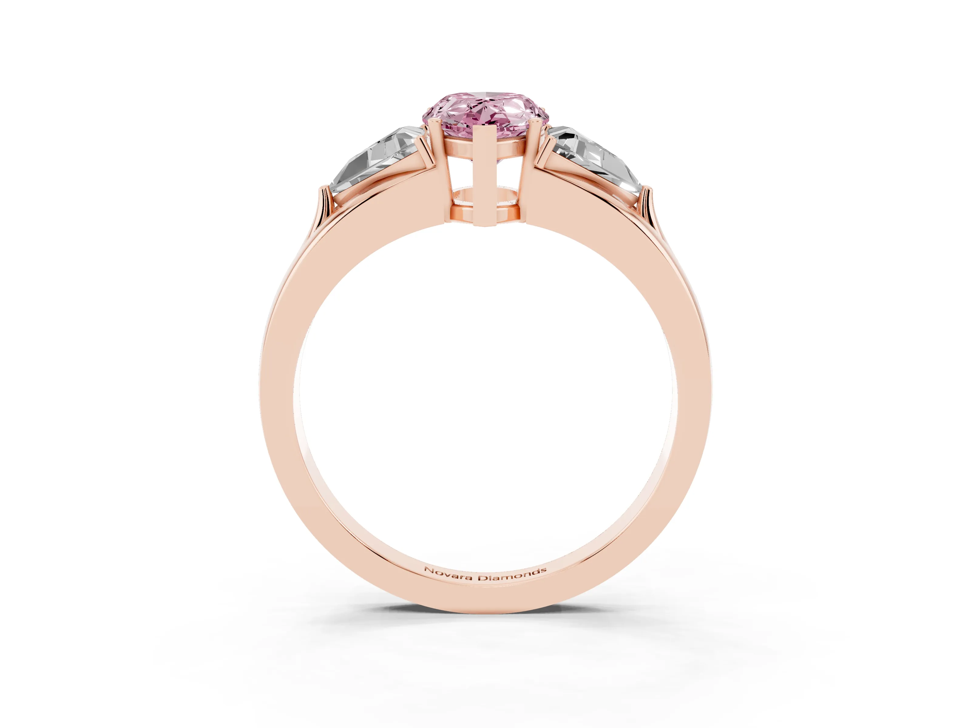 Fancy Pink Pear Cut Diamond Three-Stone Ring Set in Rose gold with Trillion Side Stones and Split Shank