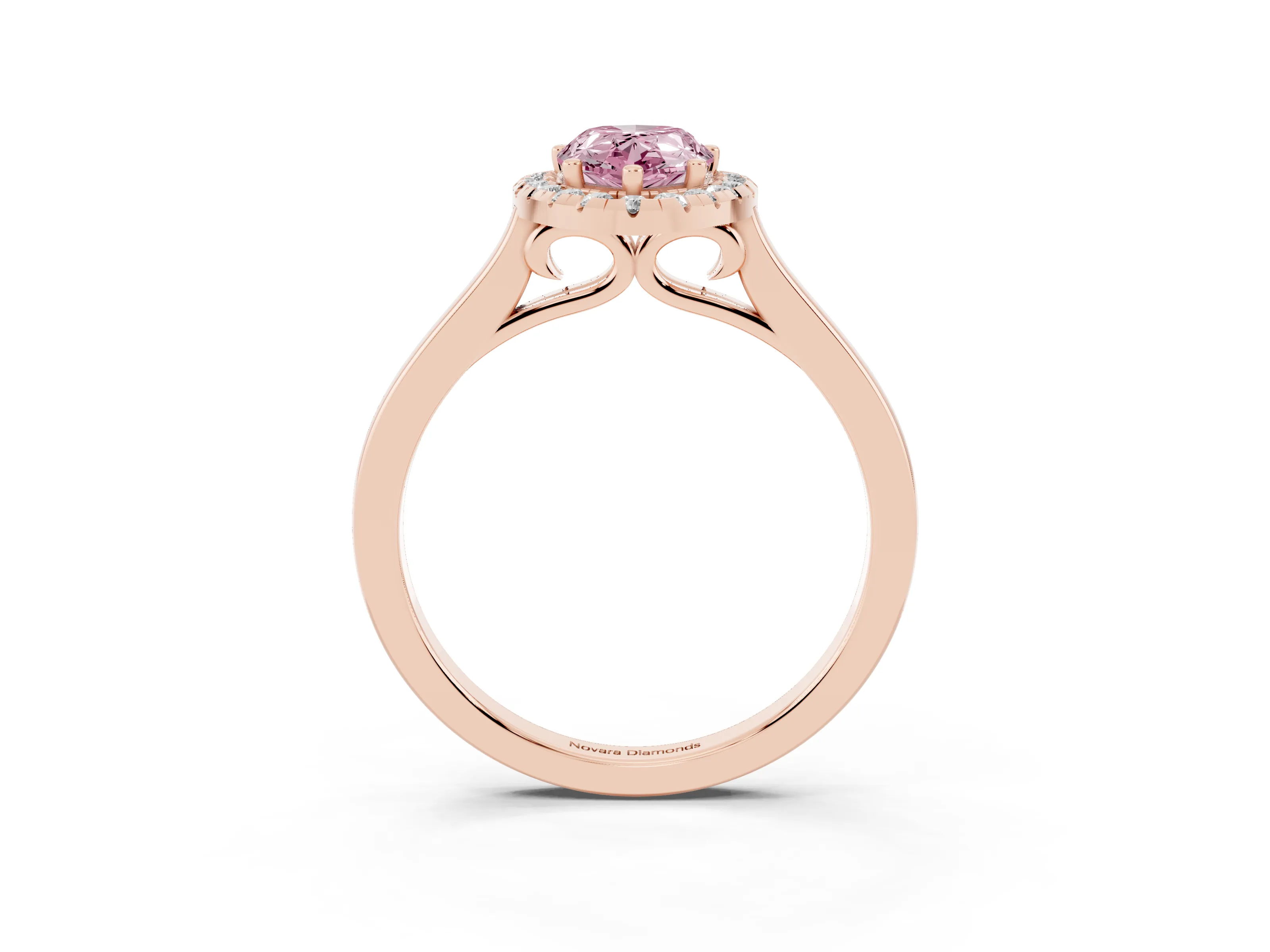 Fancy Pink Pear Cut Halo Round Diamond Solitaire Ring Set in Rose gold with Pavé Band and Prong Setting