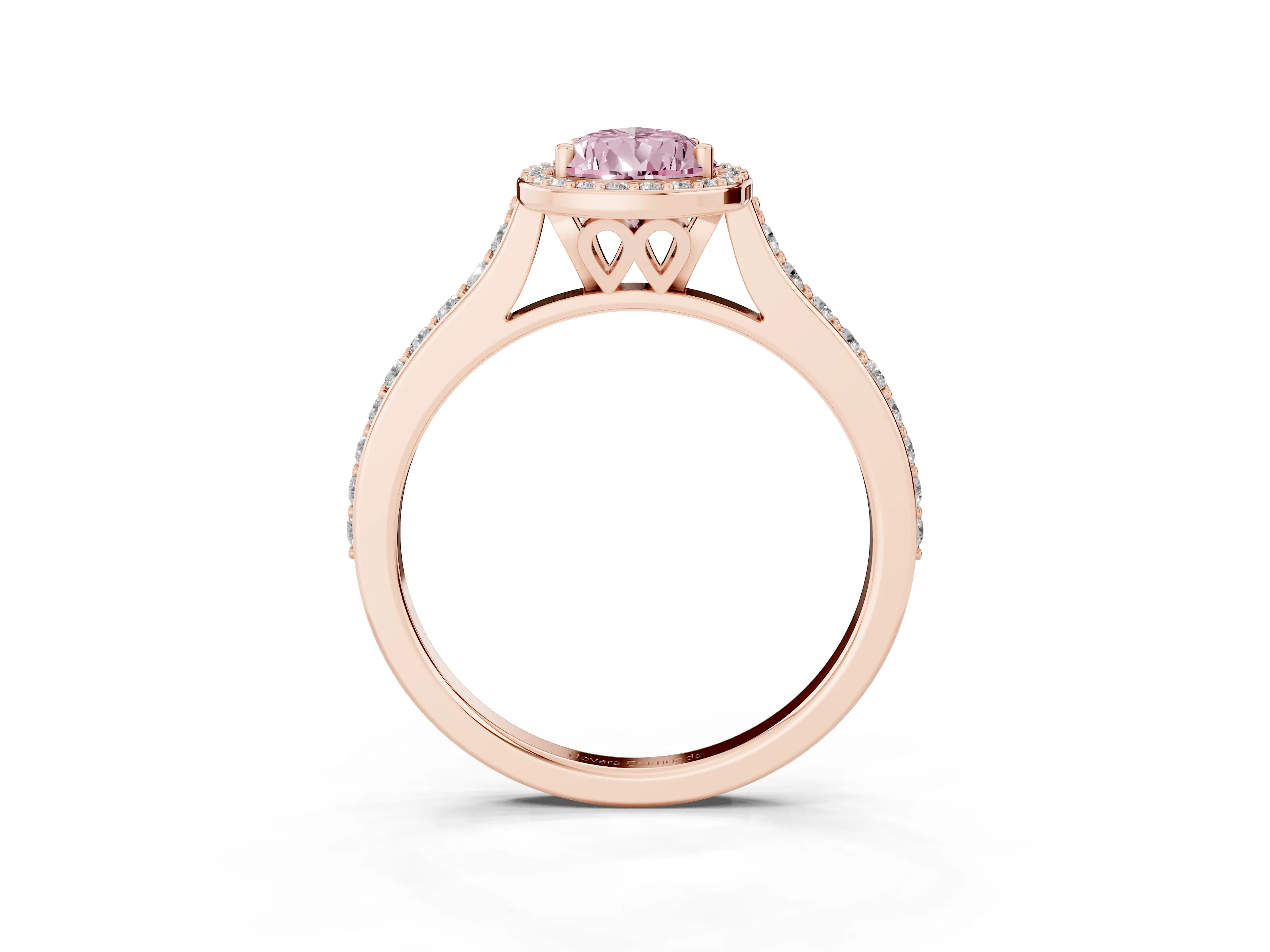 Fancy Pink Pear Cut Diamond Halo Engagement Ring Set in Rose gold with Round Pavé Shoulders and Heart Gallery