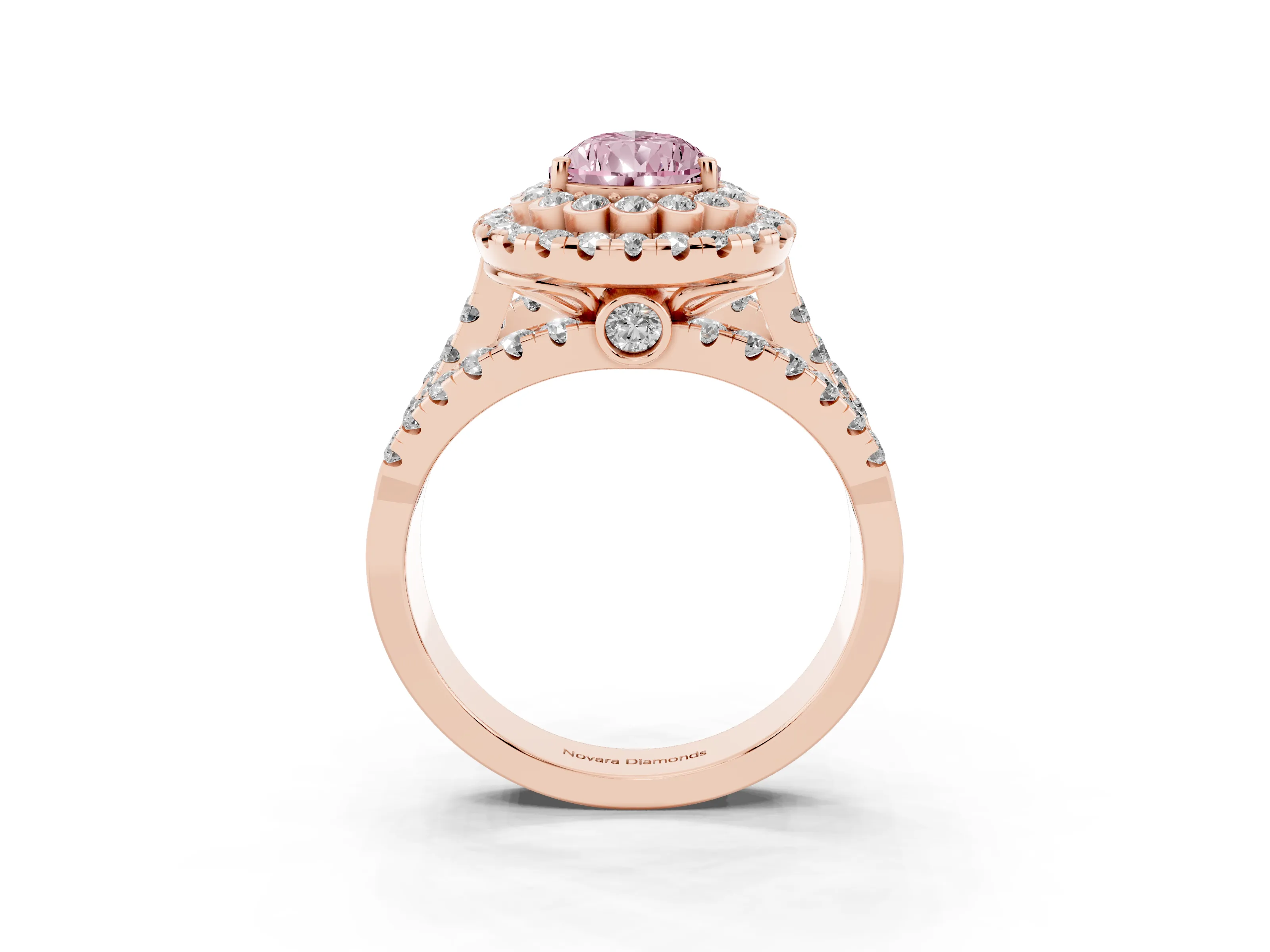 Fancy Pink Pear Cut Diamond Double Halo Ring Set in Rose gold with Round Pavé Split Shank