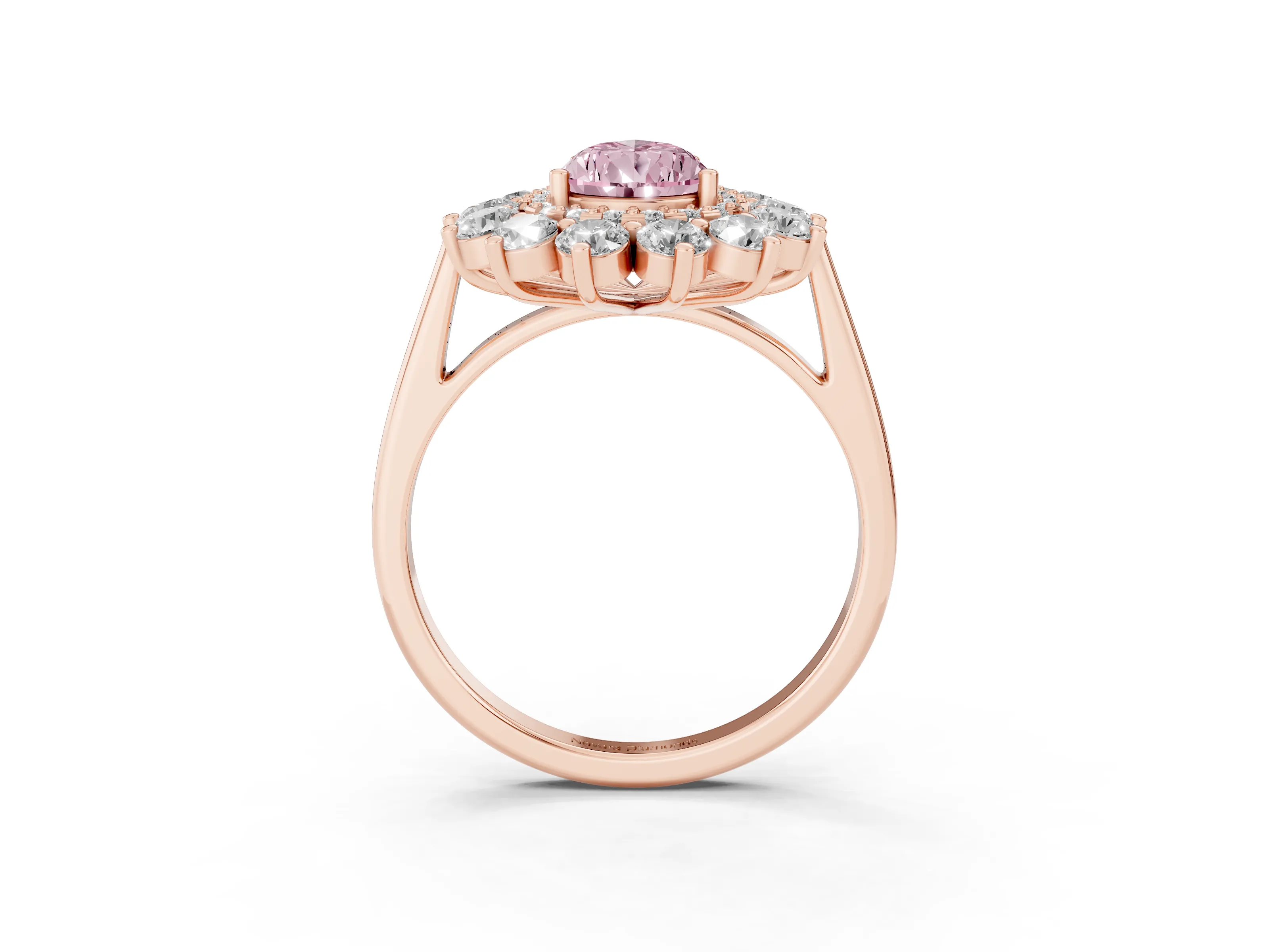 Fancy Pink Pear Cut Diamond Floral Double Halo Ring Set in Rose gold with Round Petals