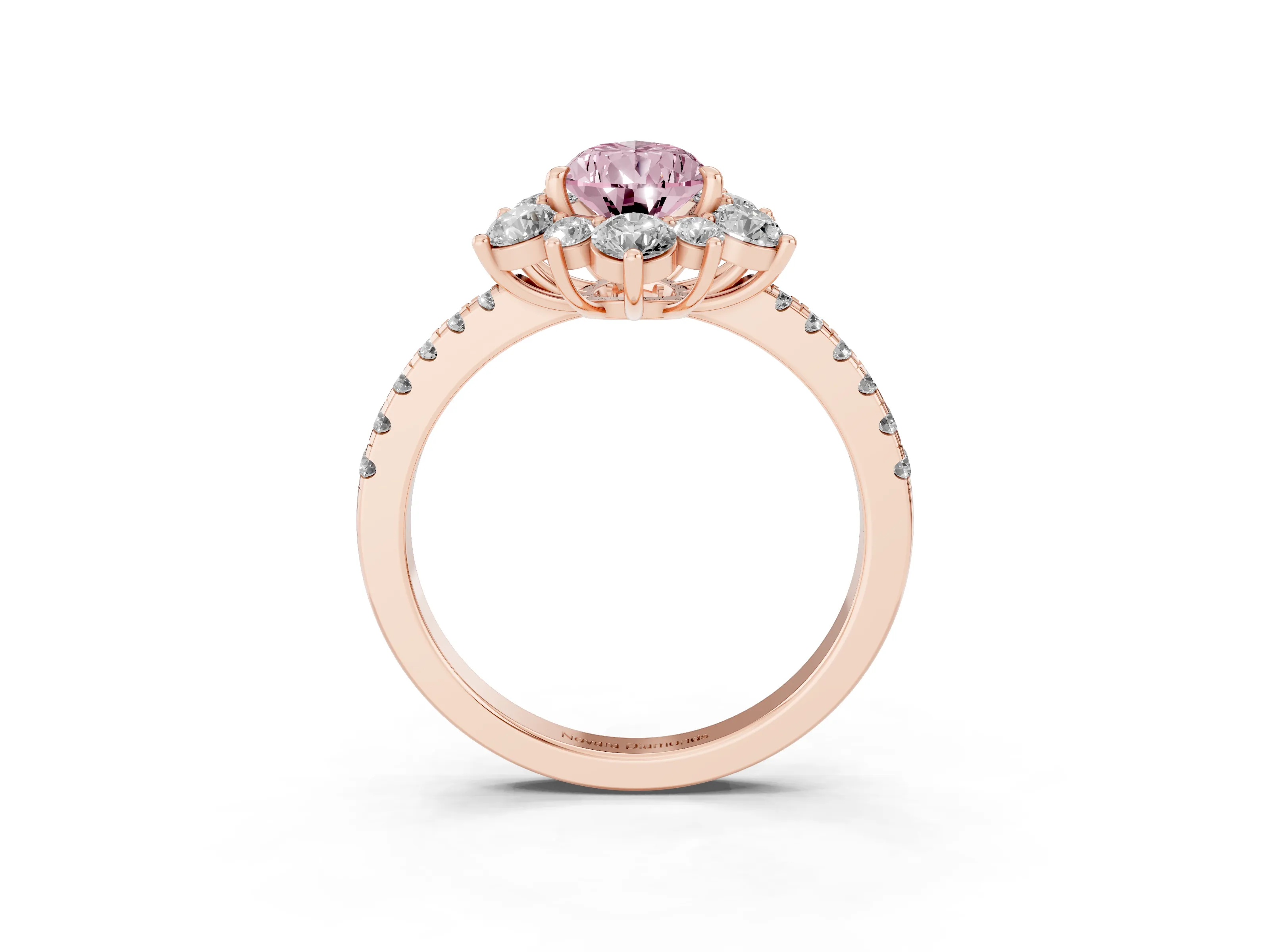 Fancy Pink Pear Cut Diamond Floral Halo Ring Set in Rose gold with Round Pavé Band and Prong Setting