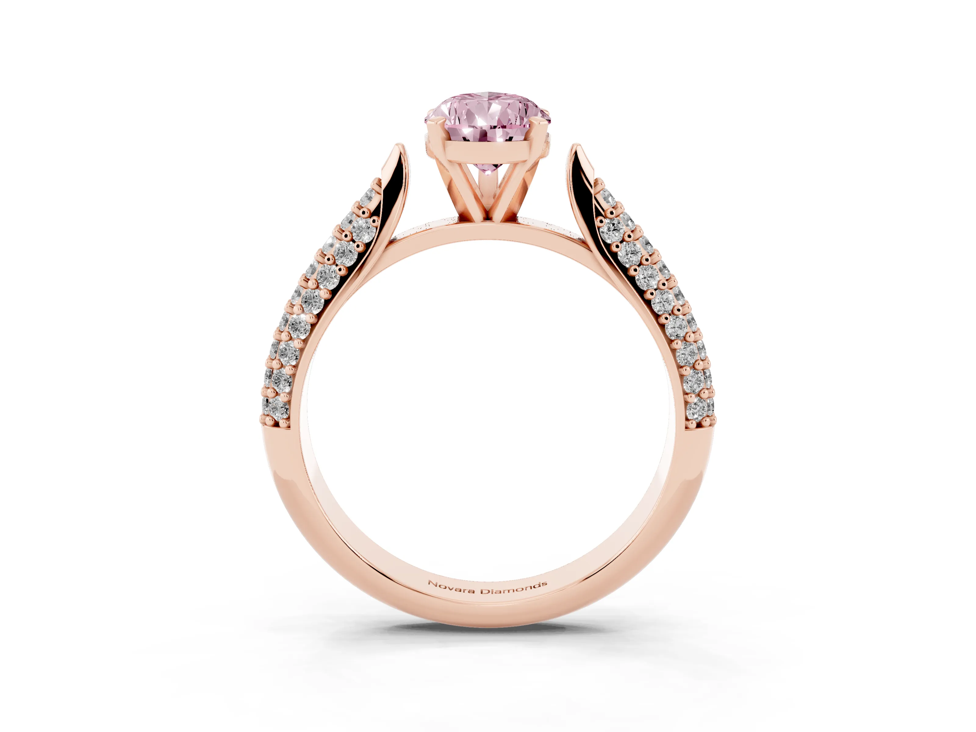 Fancy Pink Pear Cut Diamond Solitaire Engagement Ring Set in Rose gold with Multi-Row Round Pavé Band and Prong Setting