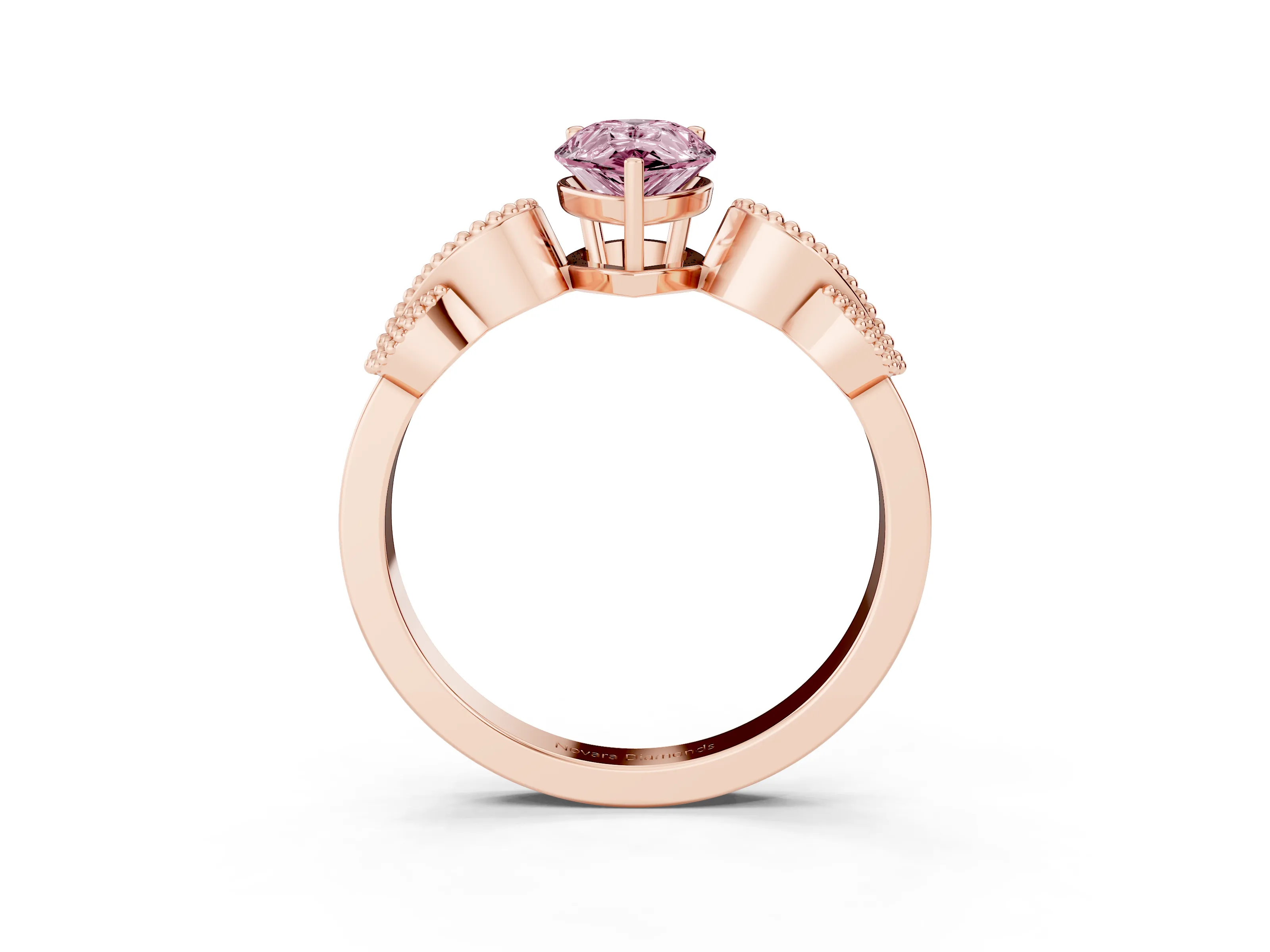 Fancy Pink Pear Cut Diamond Milgrain Leaf Band Solitaire Ring Set in Rose gold with Accent Stones and Prong Setting