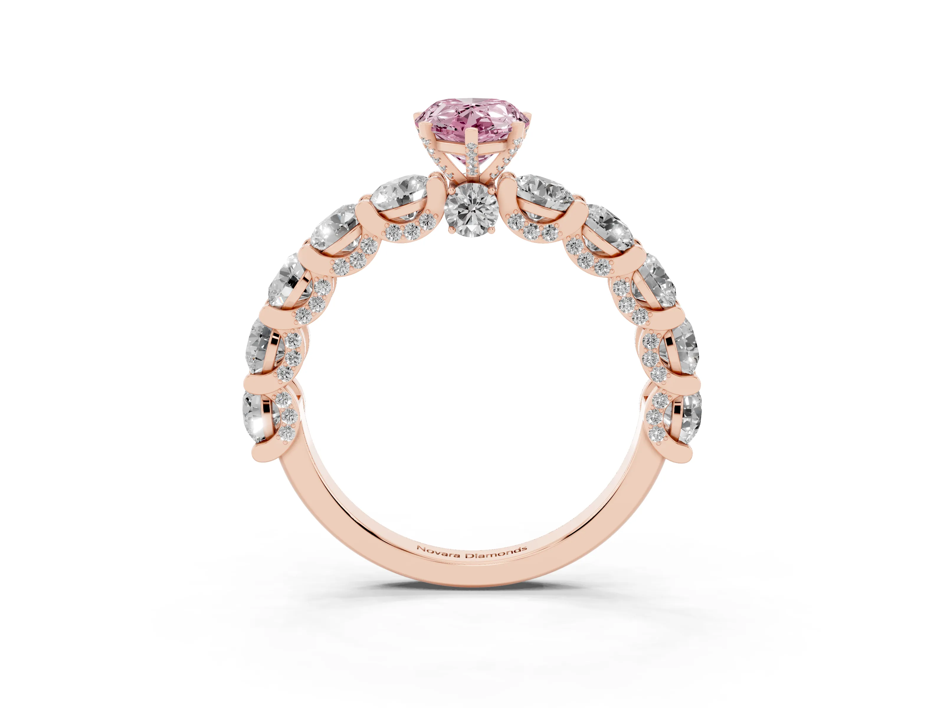 Fancy Pink Pear Cut Diamond Side Stone Ring Set in Rose gold with Alternating Round and Oval Side Stones