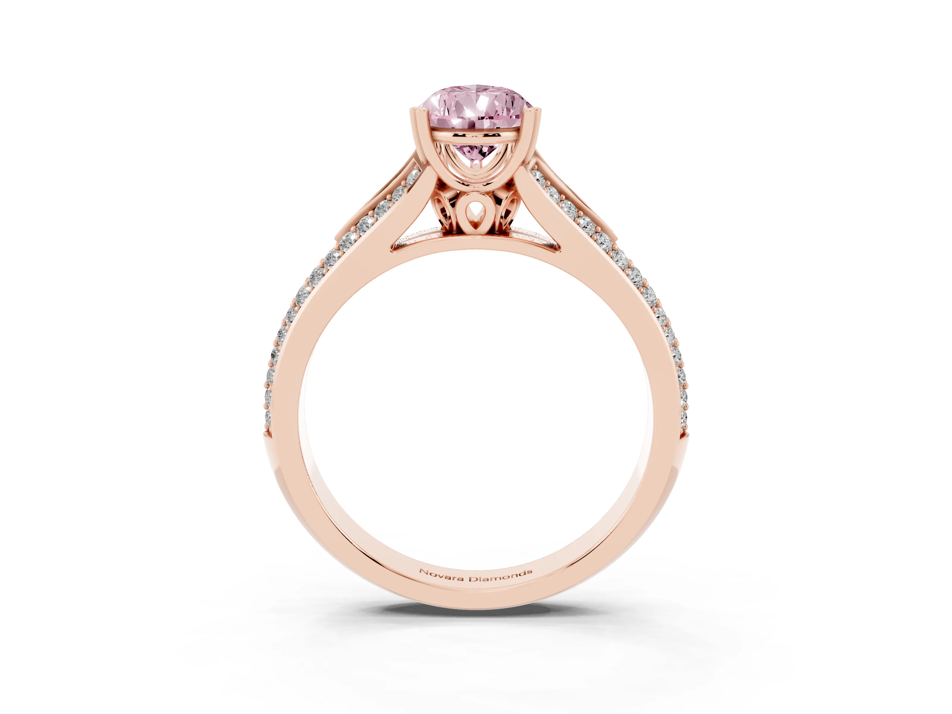 Fancy Pink Pear Cut Diamond Split Shank Pavé Engagement Ring Set in Rose gold with Prong-Set Center Stone
