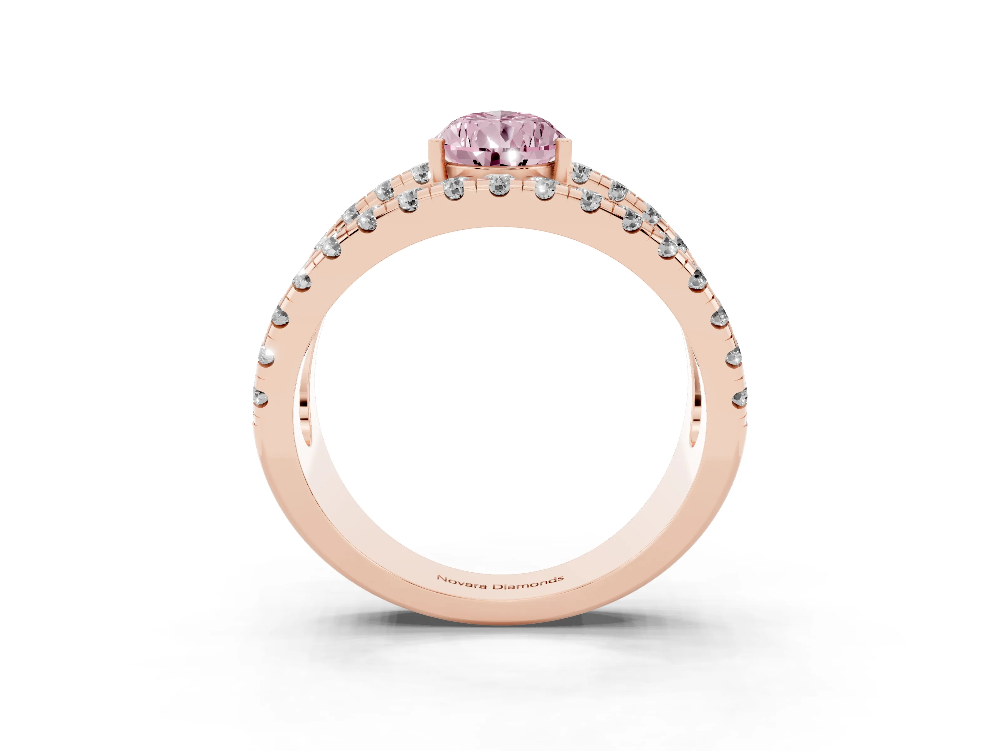 Fancy Pink Pear Cut Diamond Split Shank Pavé Solitaire Ring Set in Rose gold with Open Shank Design