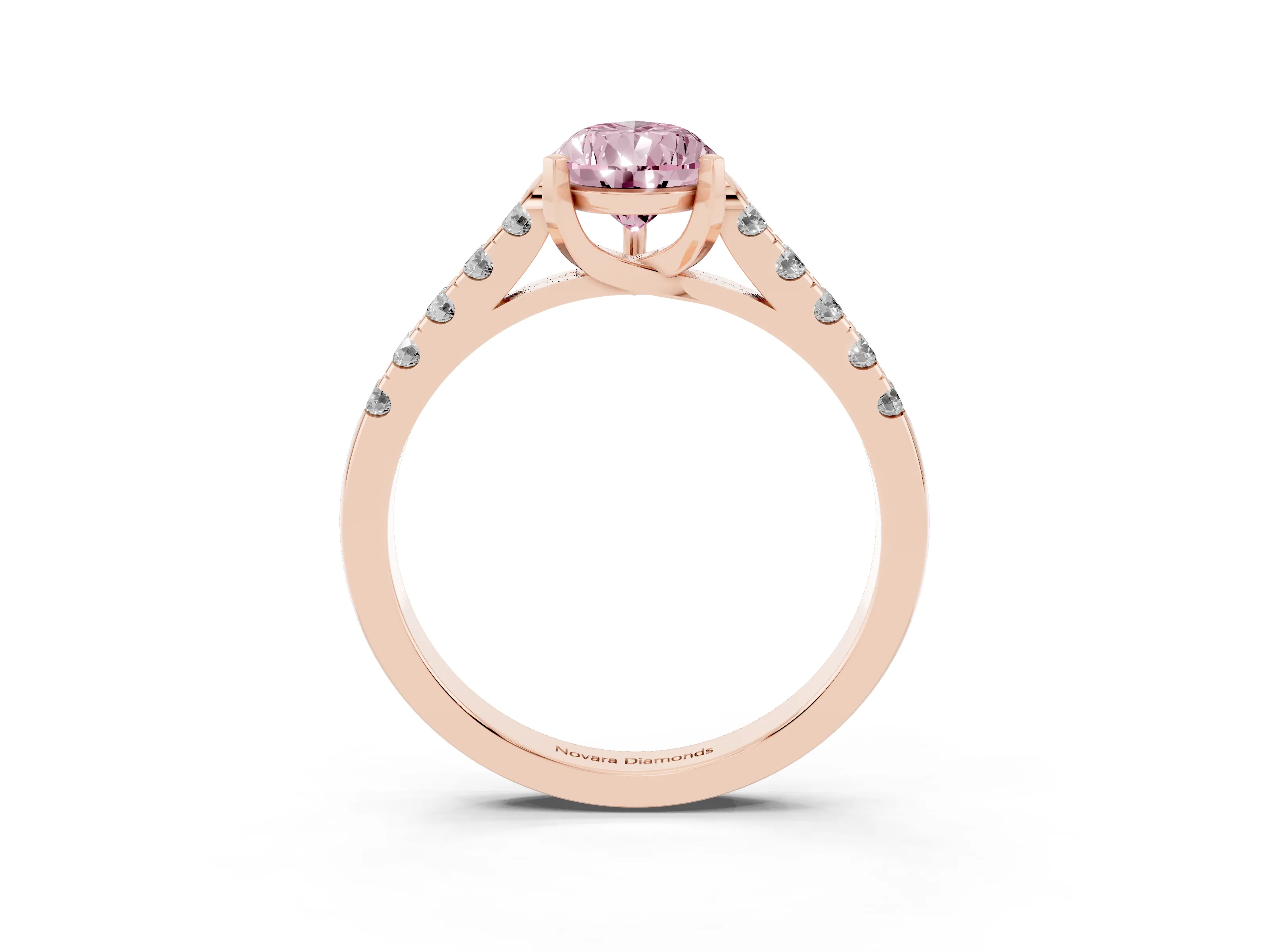 Fancy Pink Pear Cut Diamond Pavé Band Solitaire Ring Set in Rose gold with Partway Accent Stones and Prong Setting