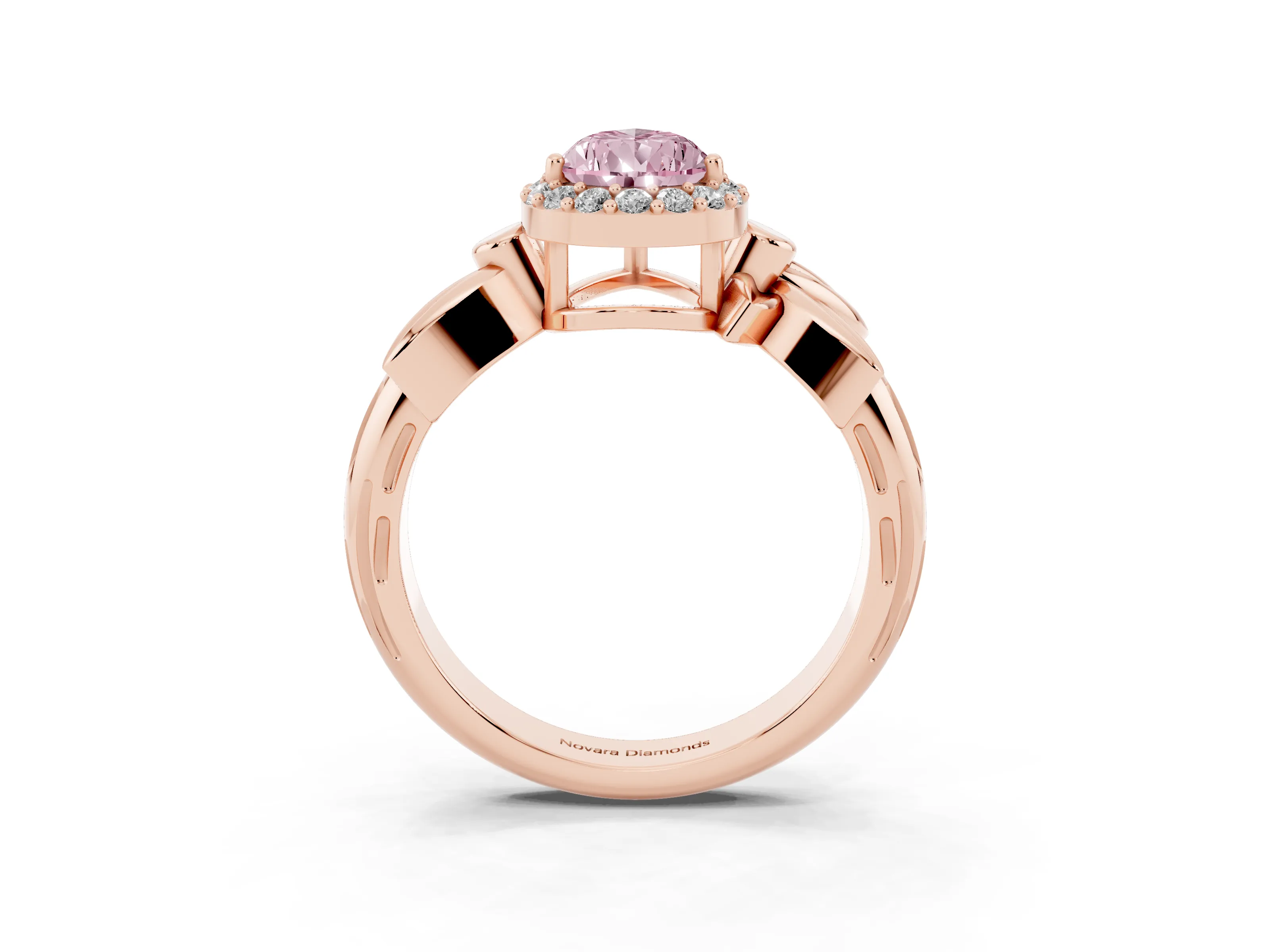 Fancy Pink Pear Cut Diamond Halo Floral Band Ring Set in Rose gold with Prong Setting