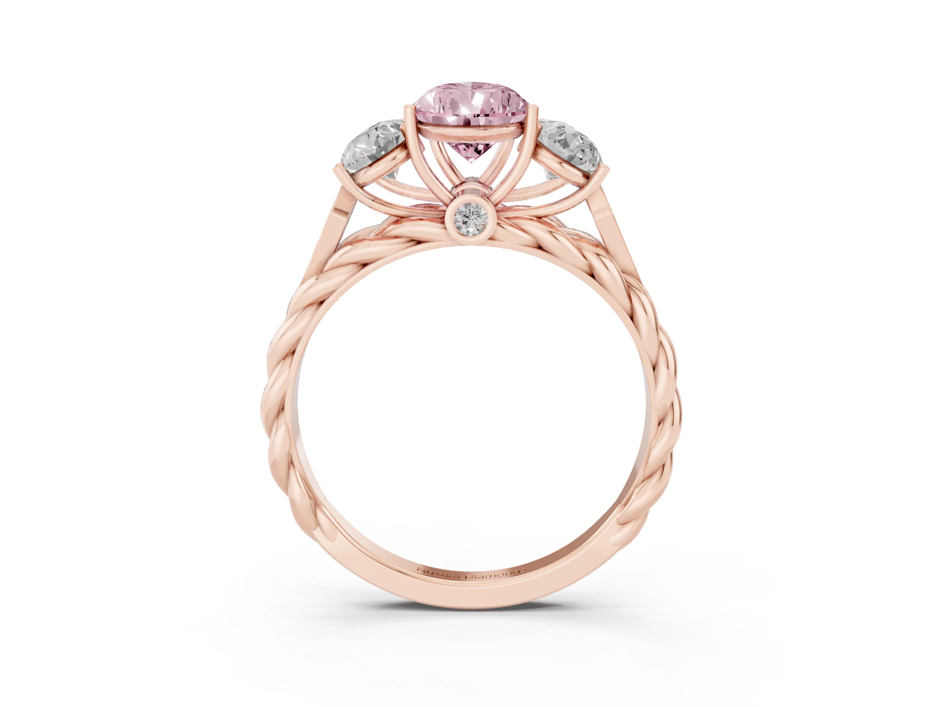 Fancy Pink Pear Cut Diamond Three-Stone Ring Set in Rose gold with Braided Band