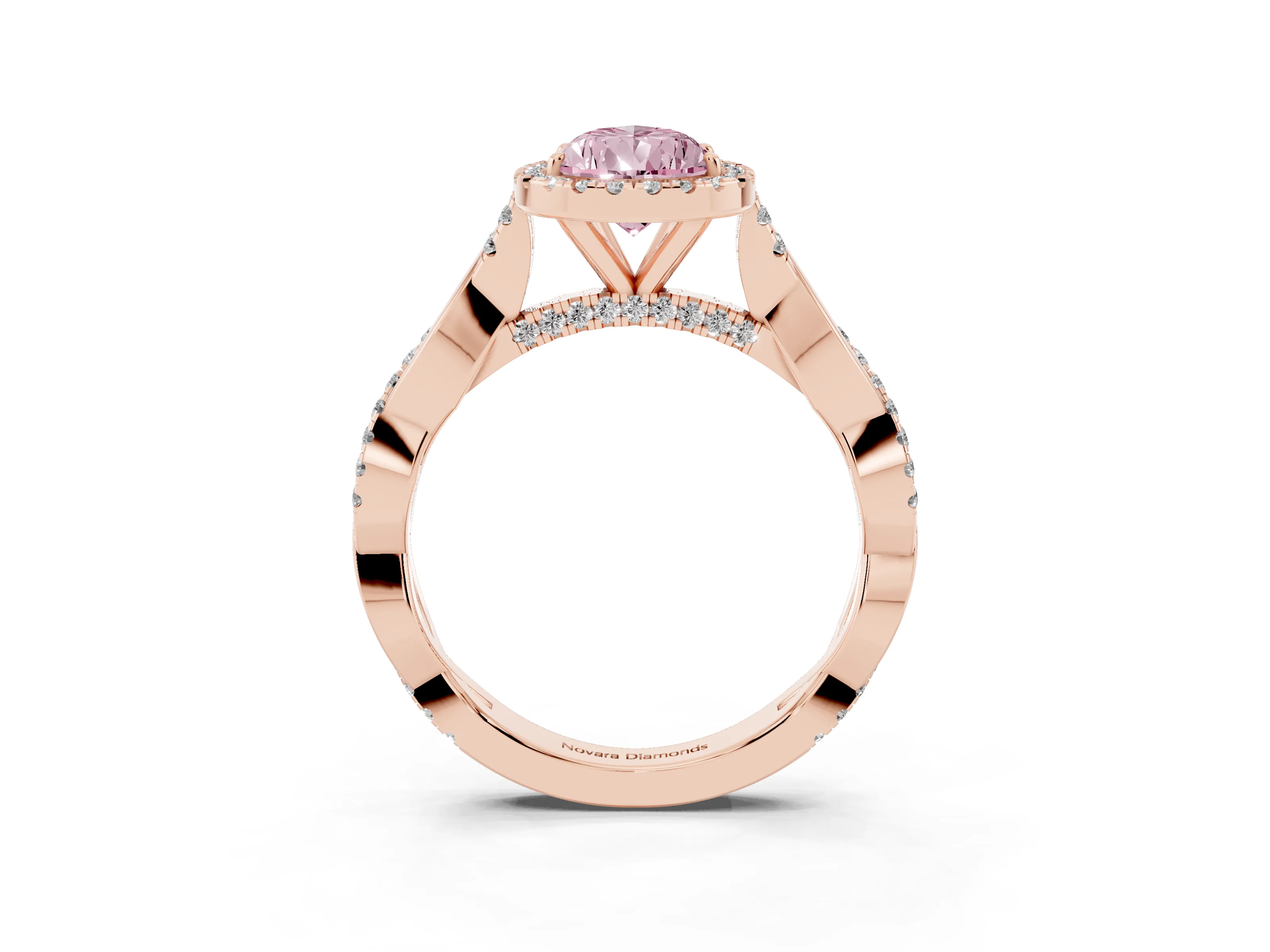 Fancy Pink Pear Cut Diamond Halo Twist Band Solitaire Ring Set in Rose gold with Prong Setting