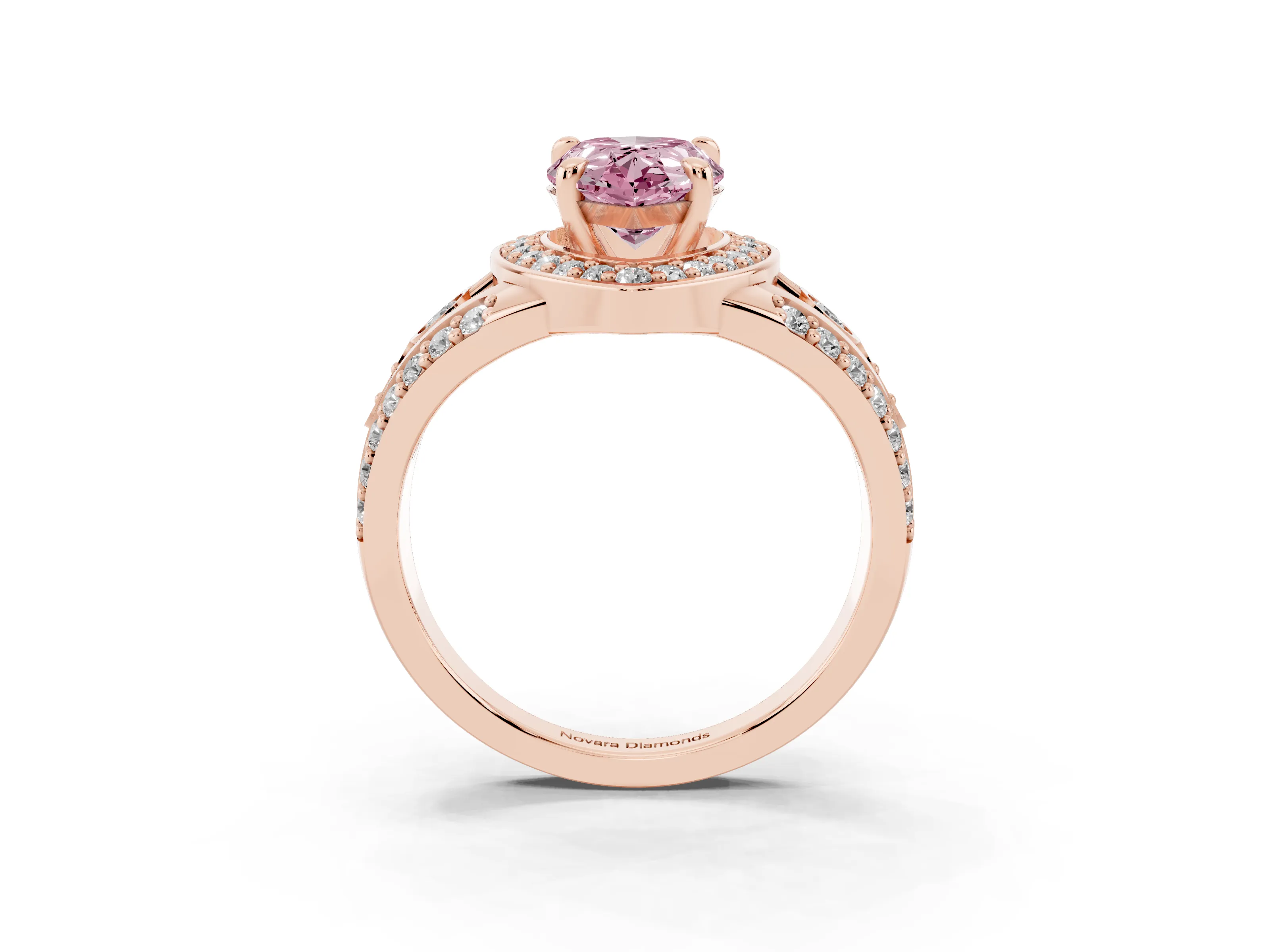 Fancy Pink Pear Cut Diamond Halo Ring Set in Rose gold with Pavé Split Shank and Bezel Accents