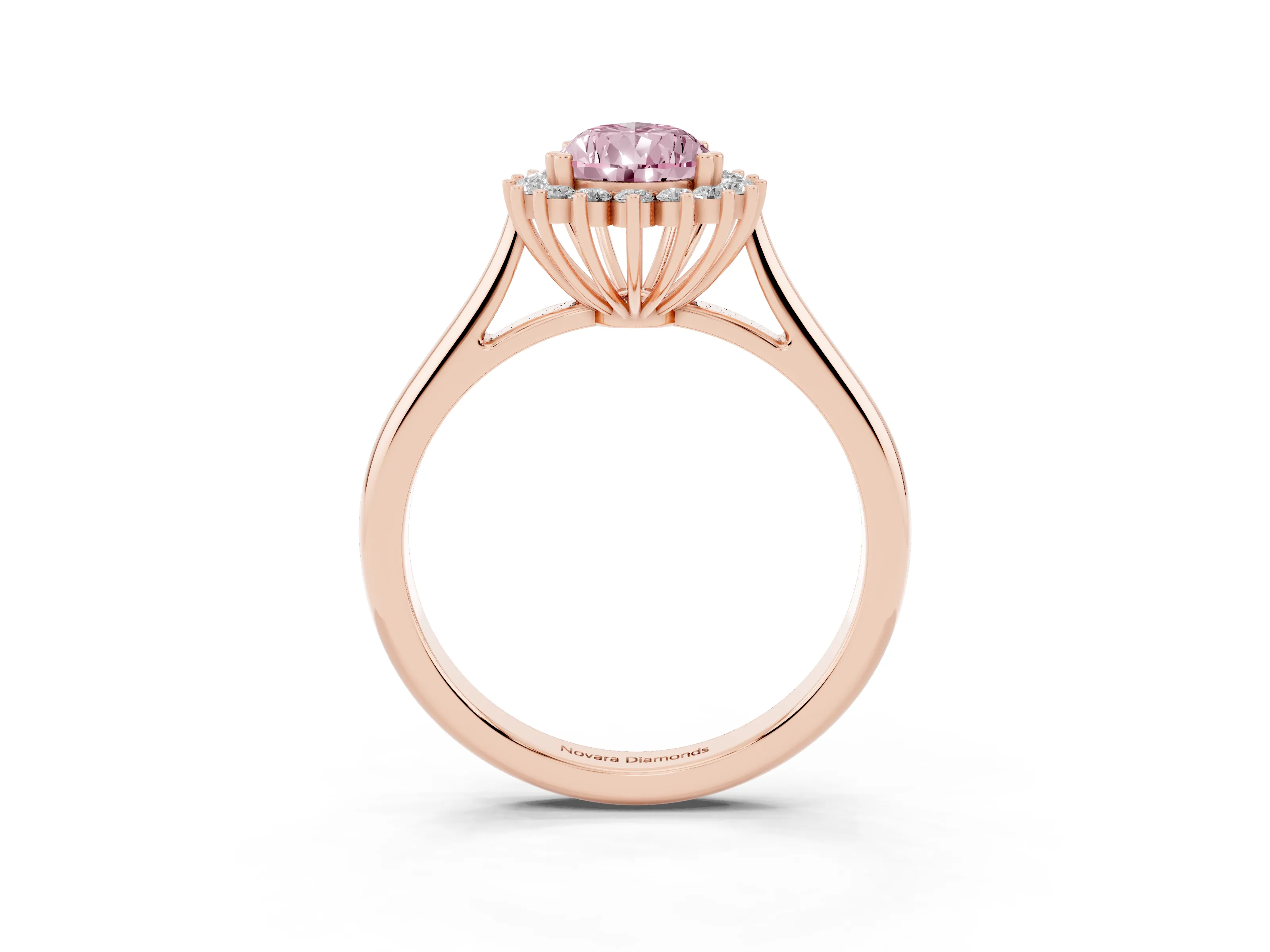 Fancy Pink Pear Cut Diamond Halo Ring Set in Rose gold with Plain Solitaire Band and Prong Setting