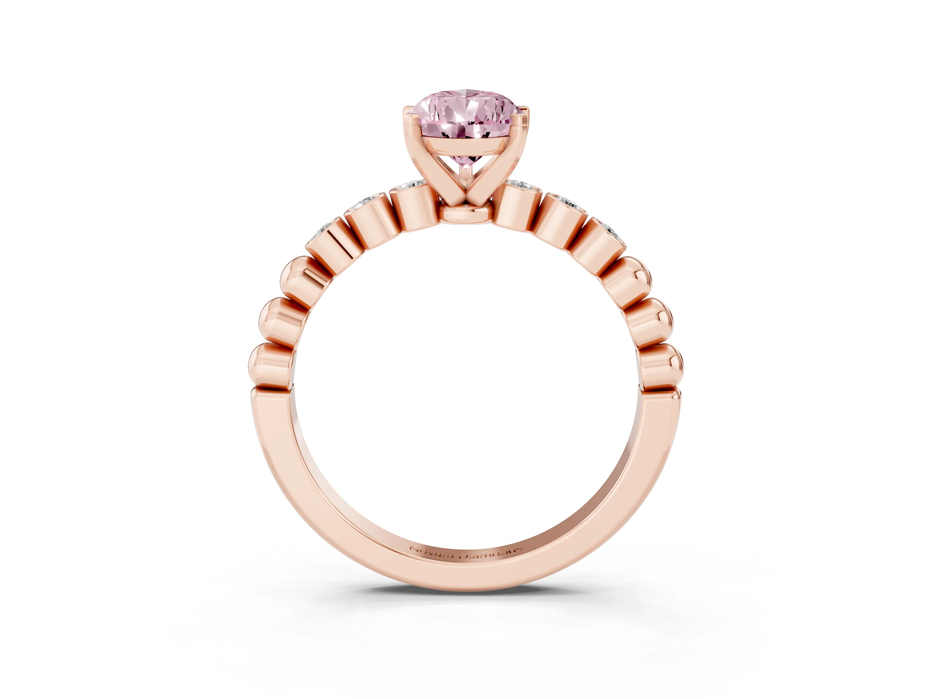 Fancy Pink Pear Cut Diamond Solitaire Engagement Ring Set in Rose gold with Bezel Accents on Beaded Band