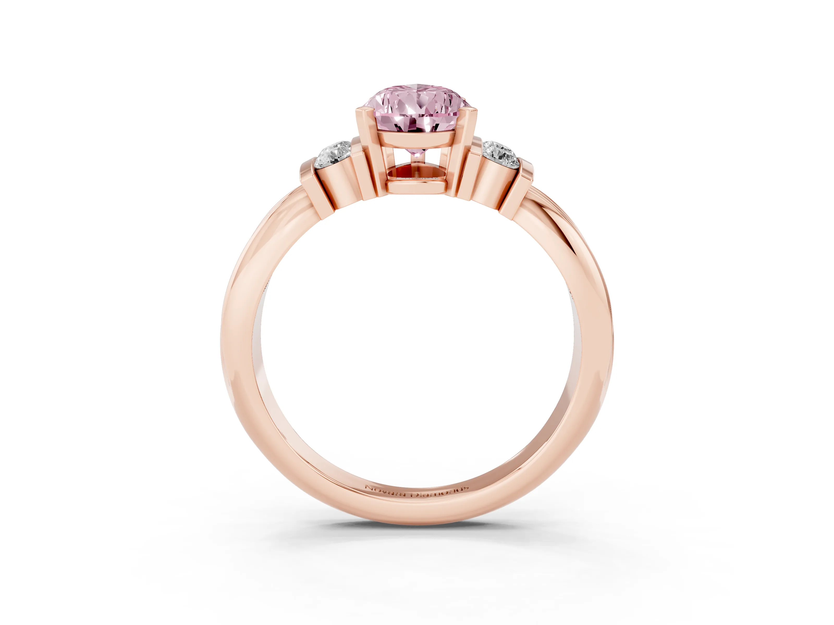 Fancy Pink Three-Stone Pear Cut Diamond Channel Set Ring Set in Rose gold with Bar Prongs