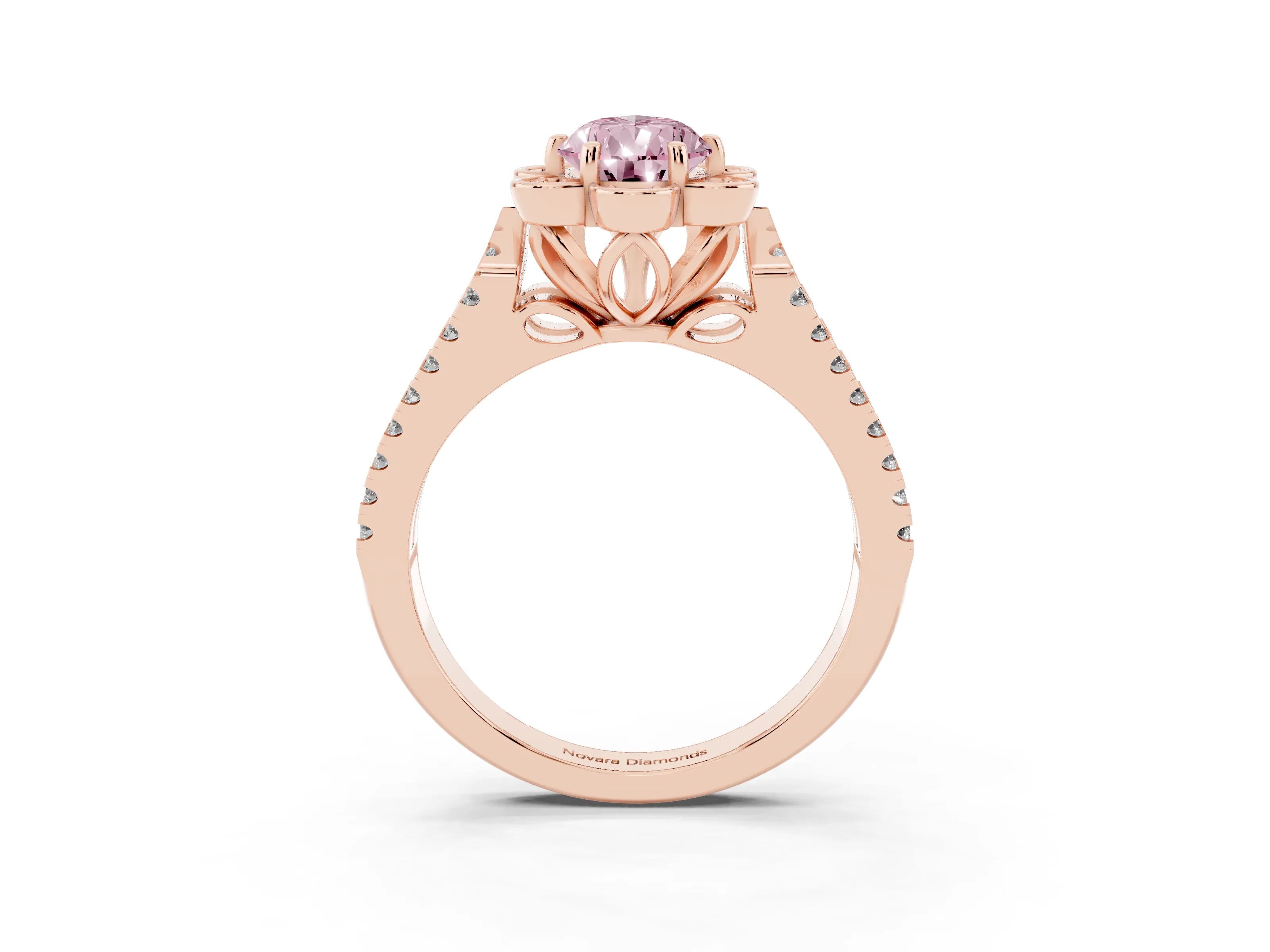 Fancy Pink Pear Cut Diamond Floral Halo Split Shank Engagement Ring Set in Rose gold with Pavé Shank