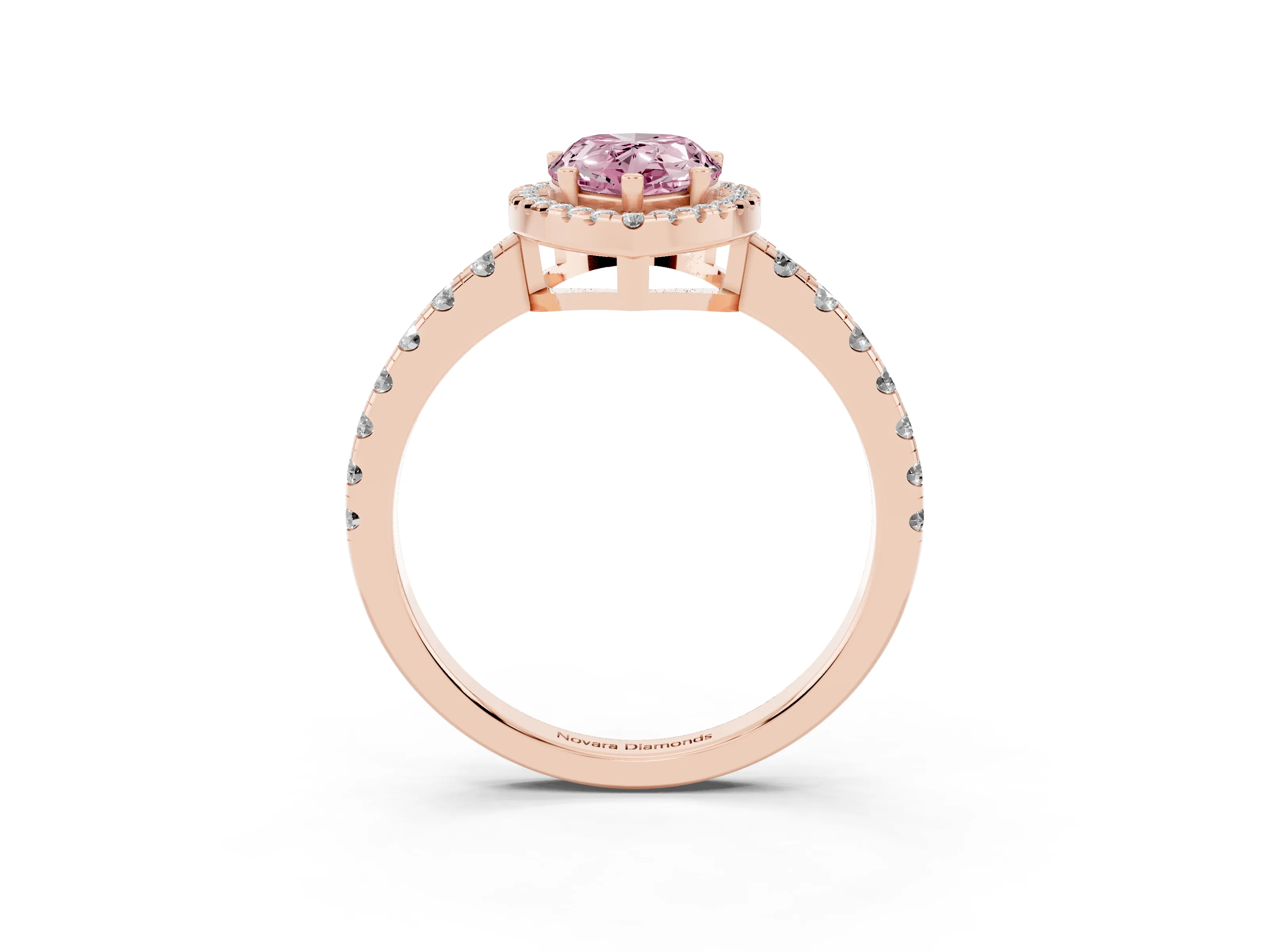 Fancy Pink Pear Cut Diamond Halo Ring Set in Rose gold with Delicate Pavé Band and Prong Setting