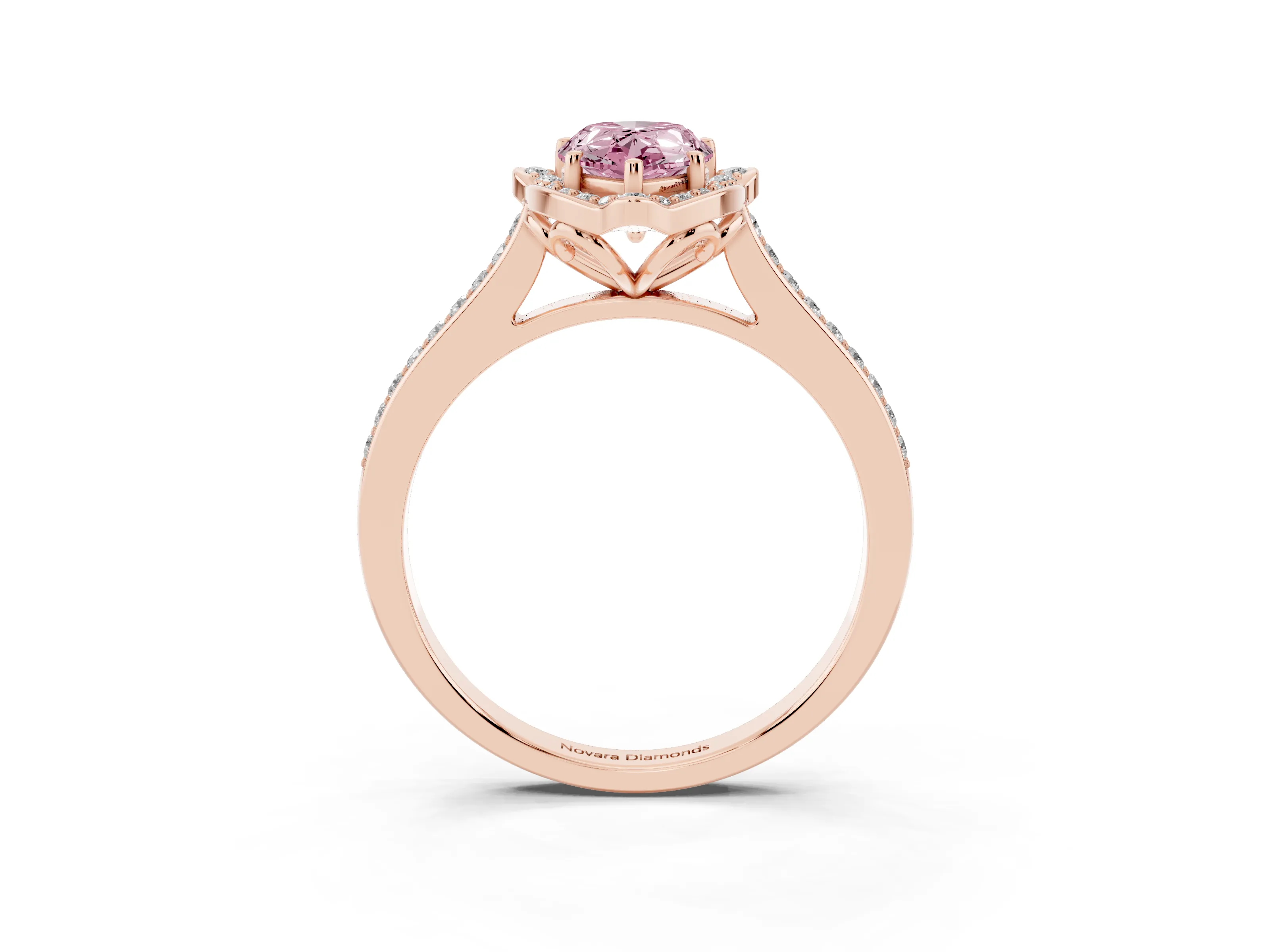 Fancy Pink Pear Cut Diamond Halo Ring Set in Rose gold with Pavé-Lined Shoulders and Prong Setting