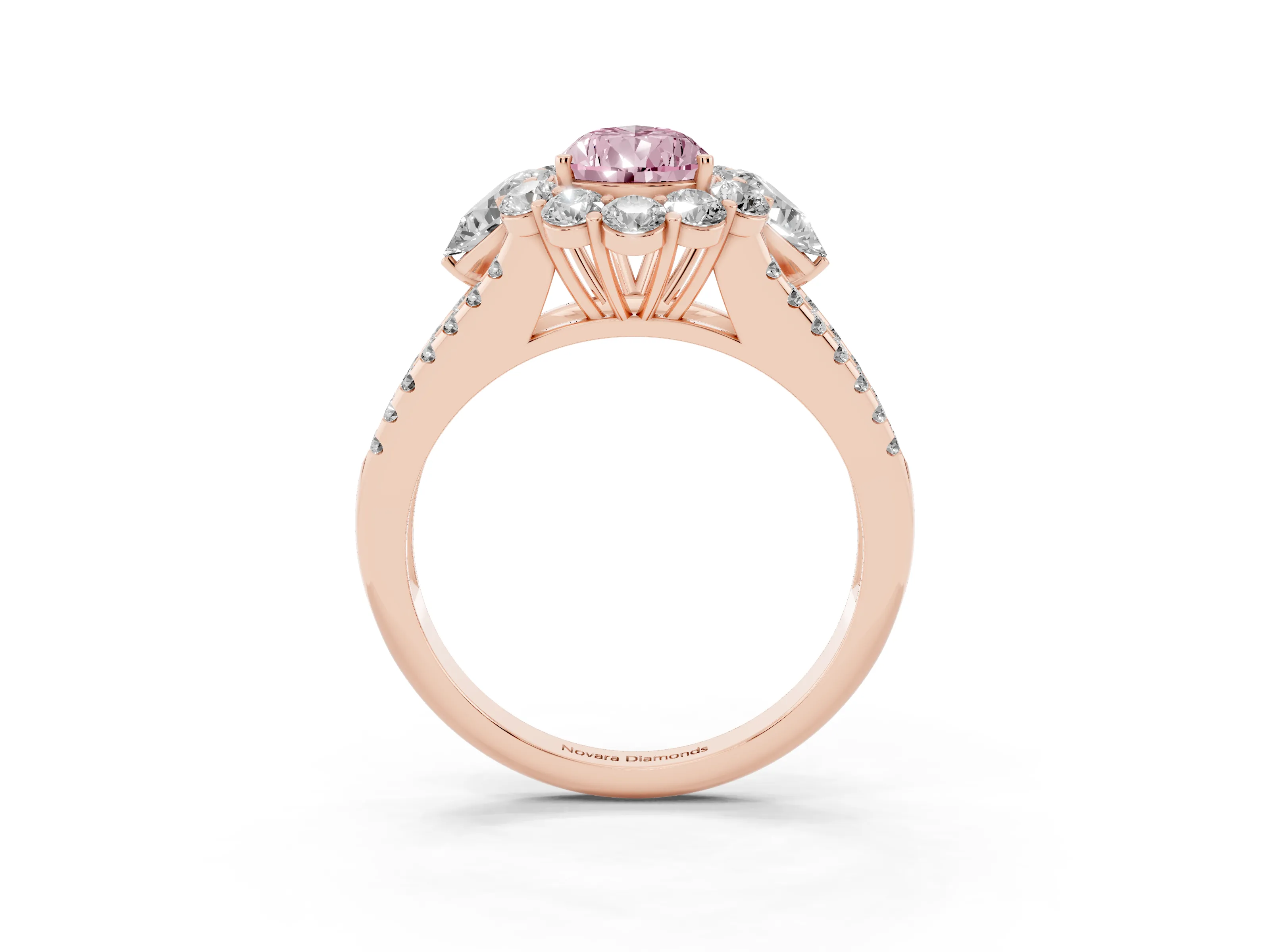 Fancy Pink Pear Cut Diamond Halo Split Shank Engagement Ring Set in Rose gold with Prong-Held Center Stone