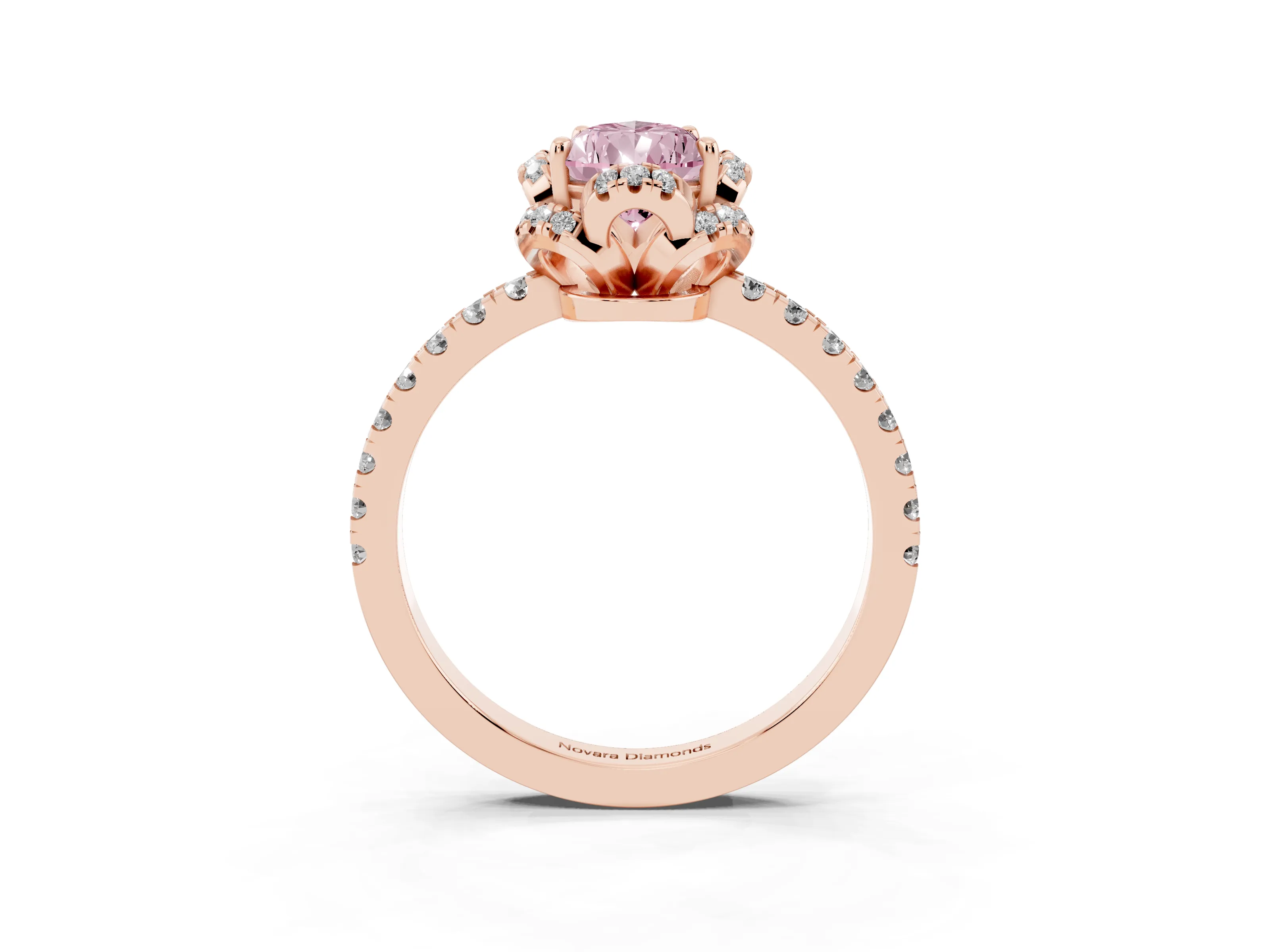 Fancy Pink Pear Cut Diamond Halo Pavé Band Ring Set in Rose gold with Prong-Held Center