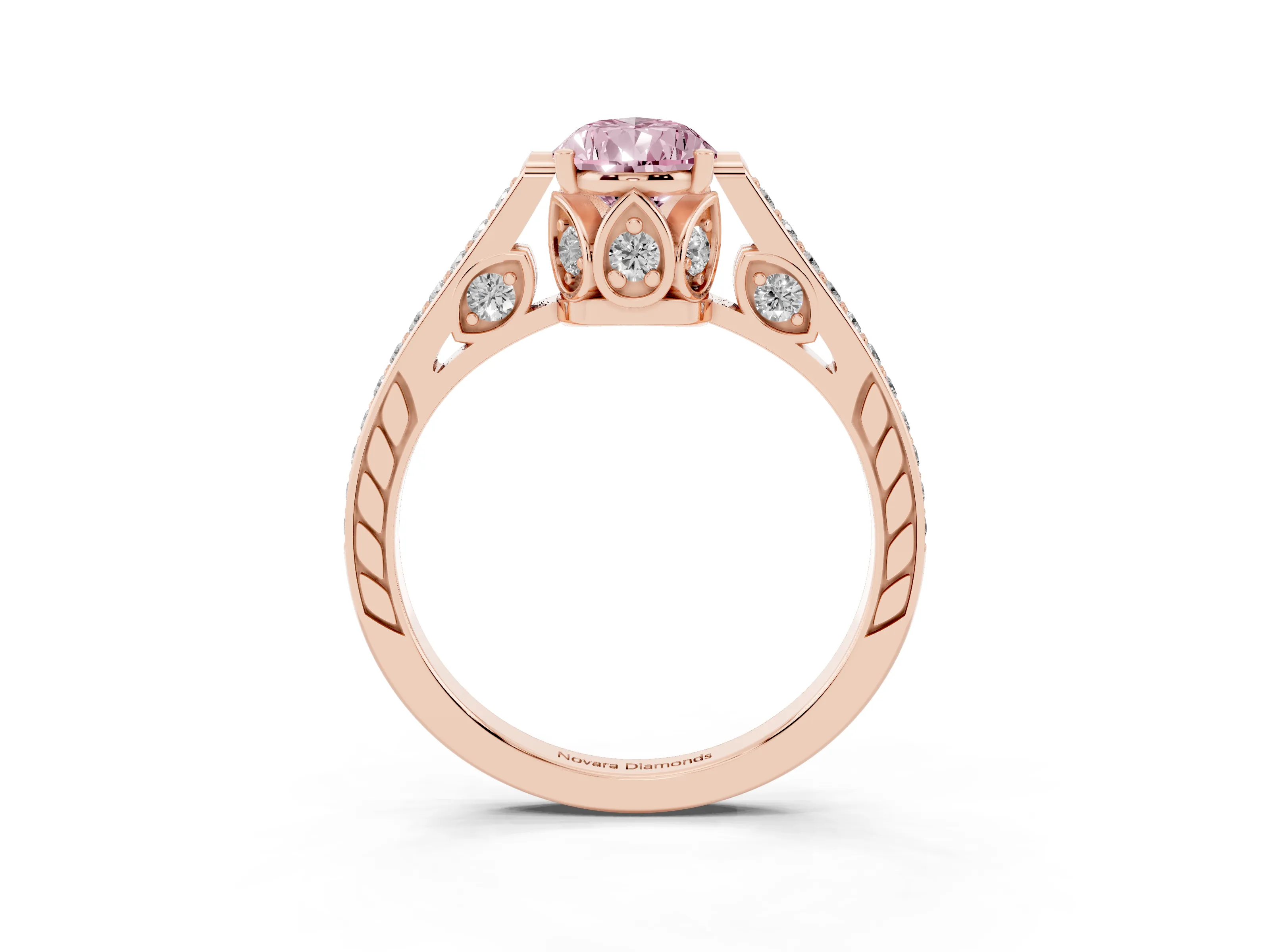 Fancy Pink Pear Cut Diamond Cathedral Pavé Engagement Ring Set in Rose gold with Prong Setting