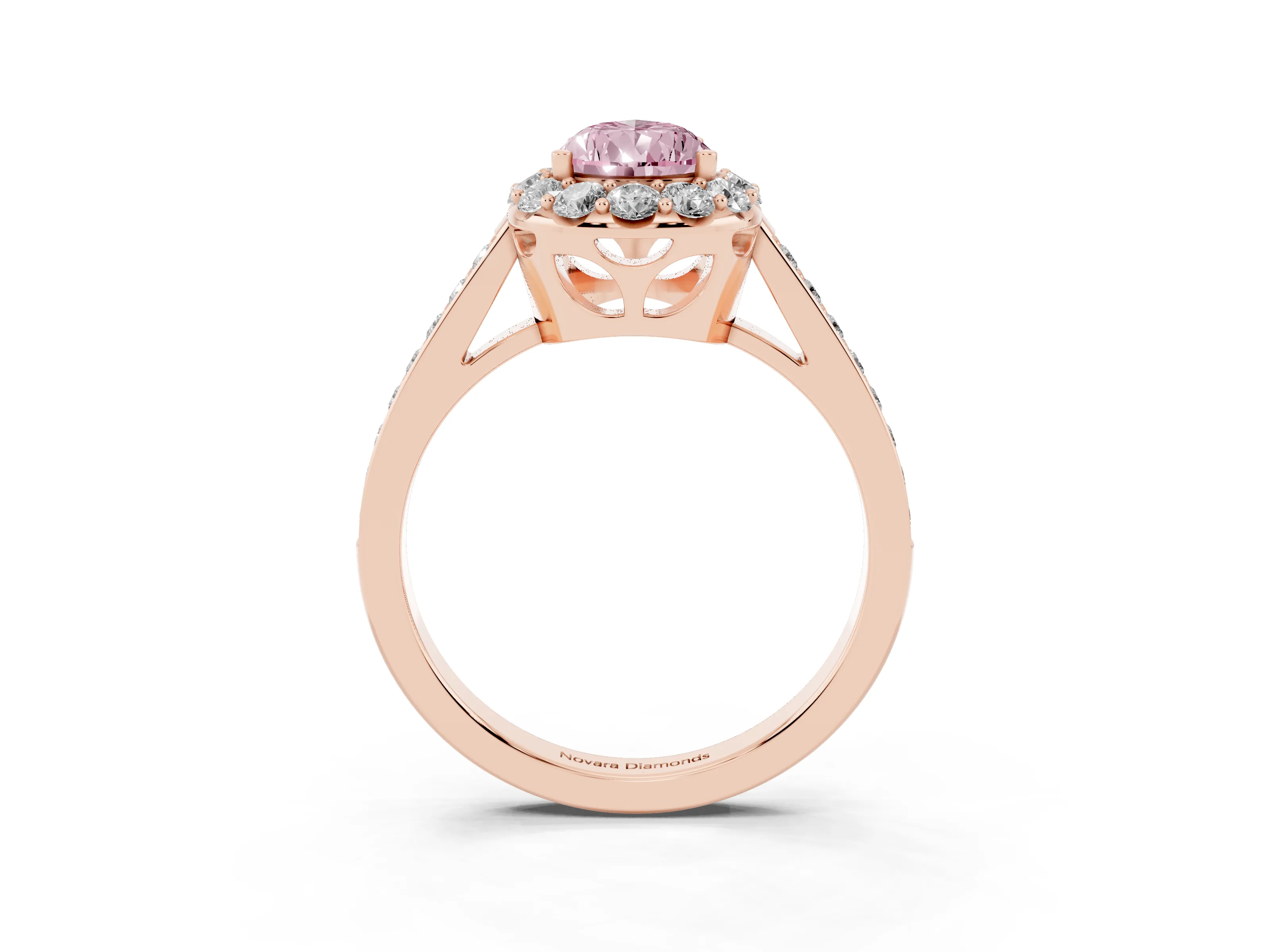 Fancy Pink Pear Cut Diamond Floral Halo Ring Set in Rose gold with Pavé Band and Prong Setting