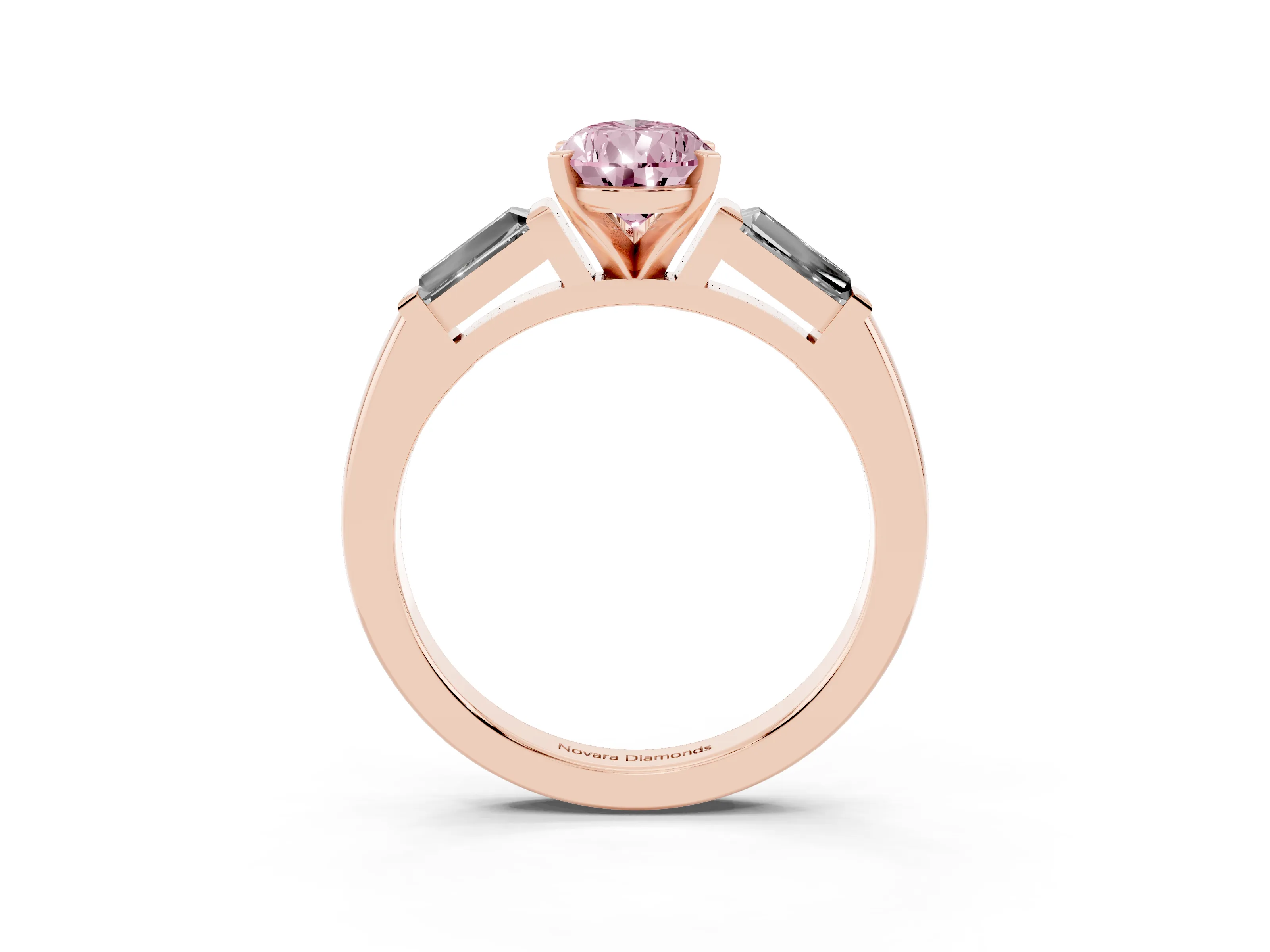 Fancy Pink Pear Cut Diamond Solitaire Ring Set in Rose gold with Tapered Baguette Side Stones and Prong Setting