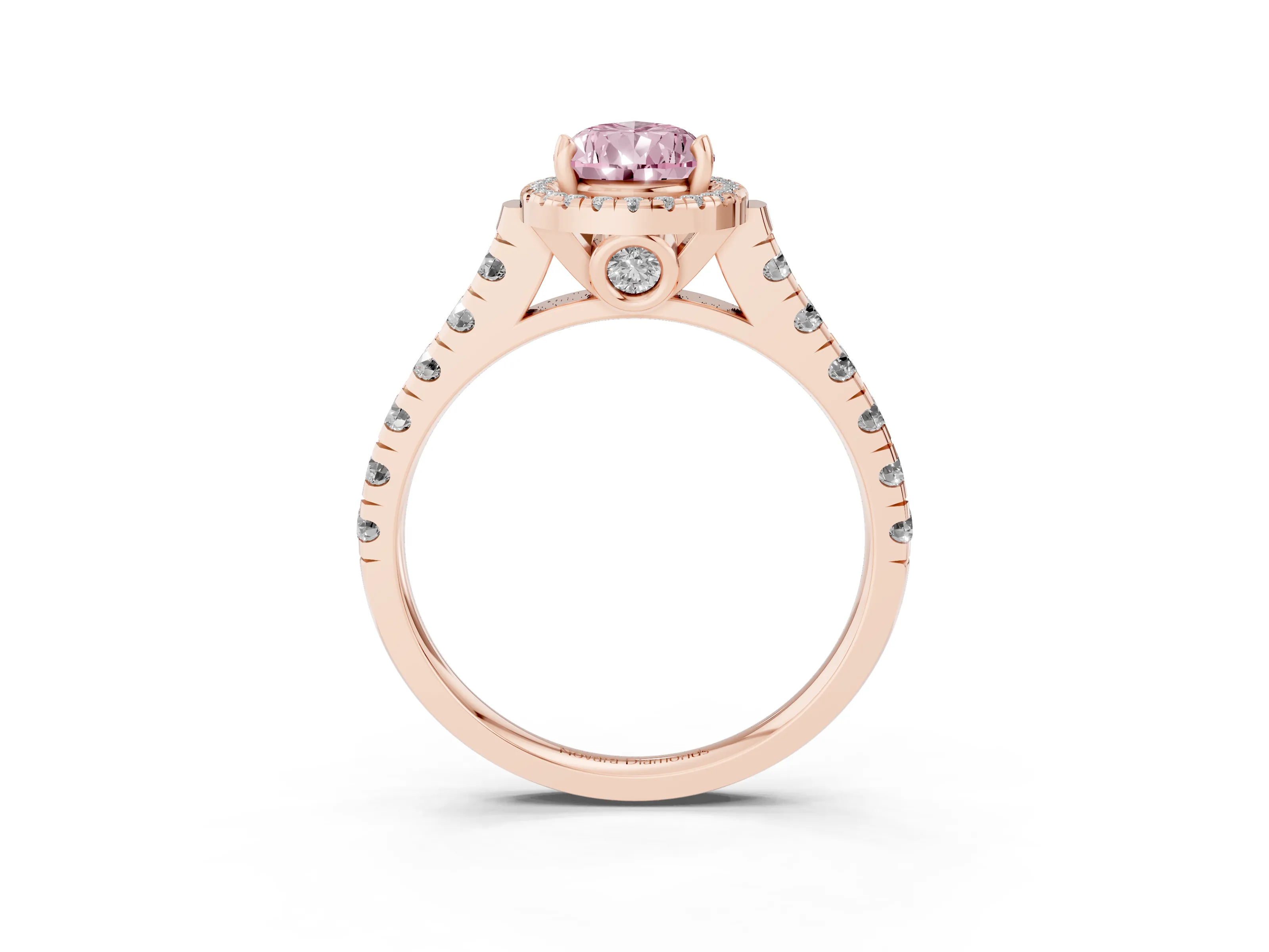 Fancy Pink Pear Cut Diamond Halo Engagement Ring Set in Rose gold with Pavé Band and Prong-Set Center