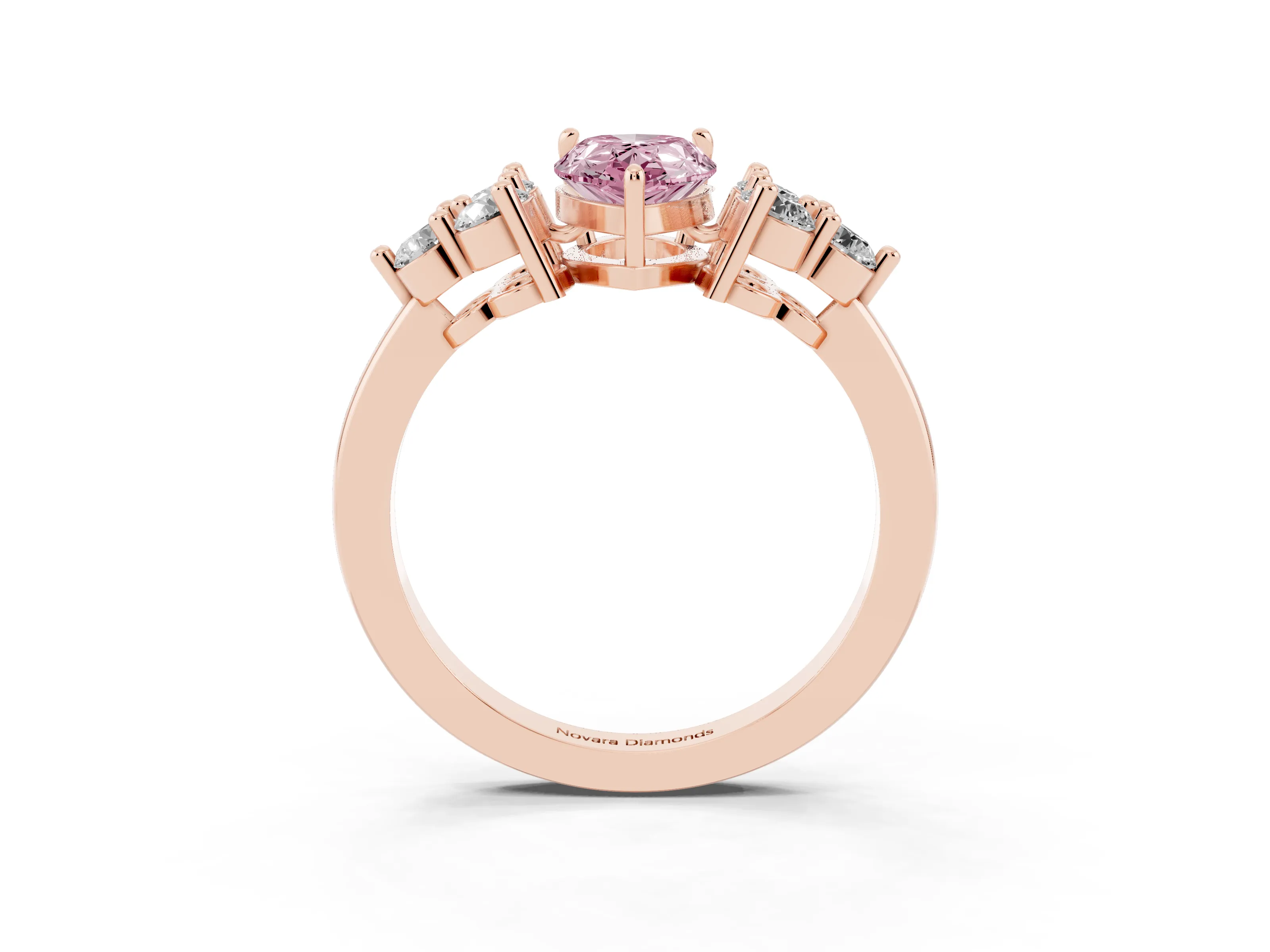 Fancy Pink Pear Cut Diamond Solitaire Ring Set in Rose gold with Cluster Accents on Each Side