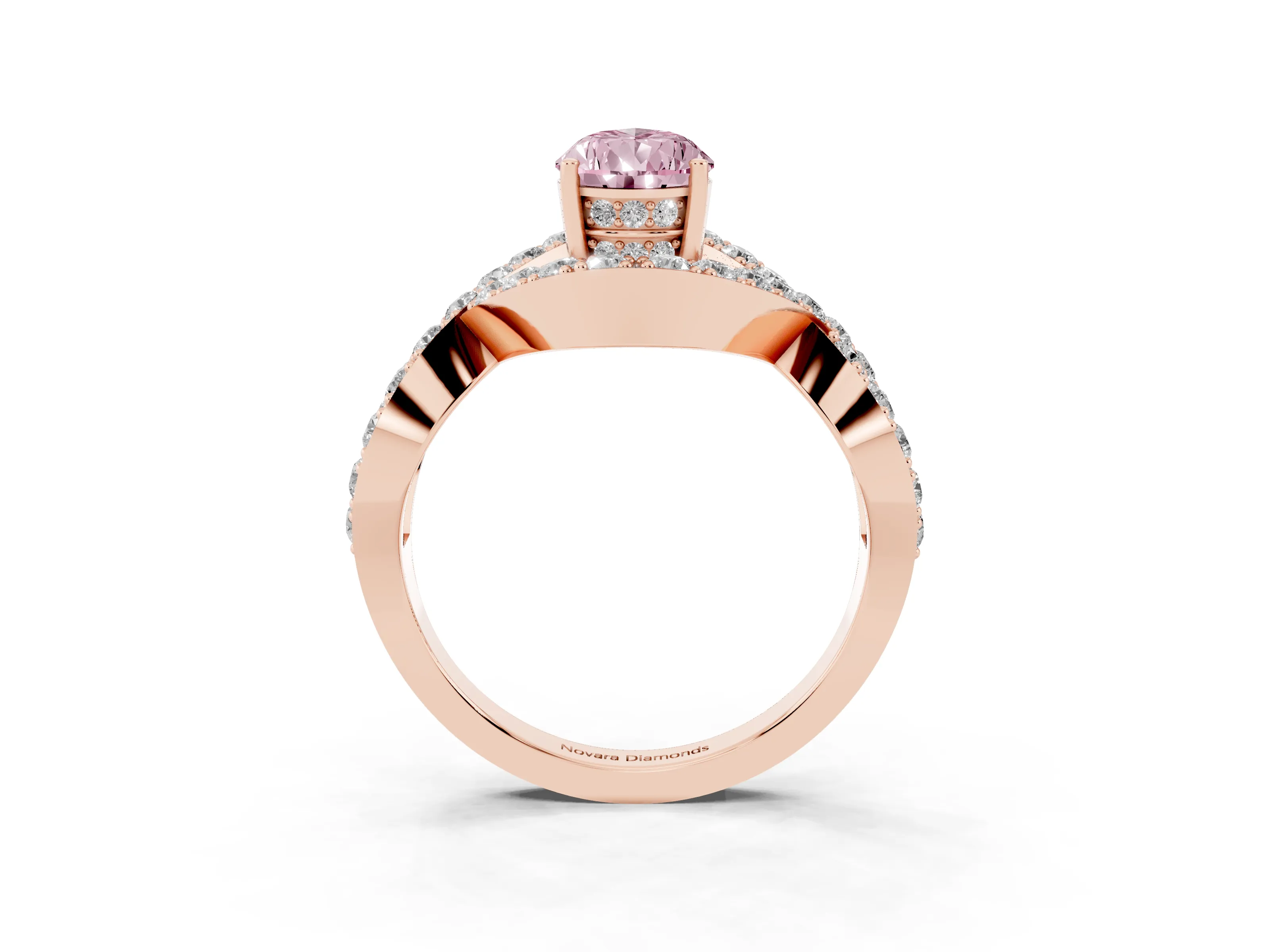 Fancy Pink Pear Cut Diamond Solitaire Twist Band Pavé Engagement Ring Set in Rose gold