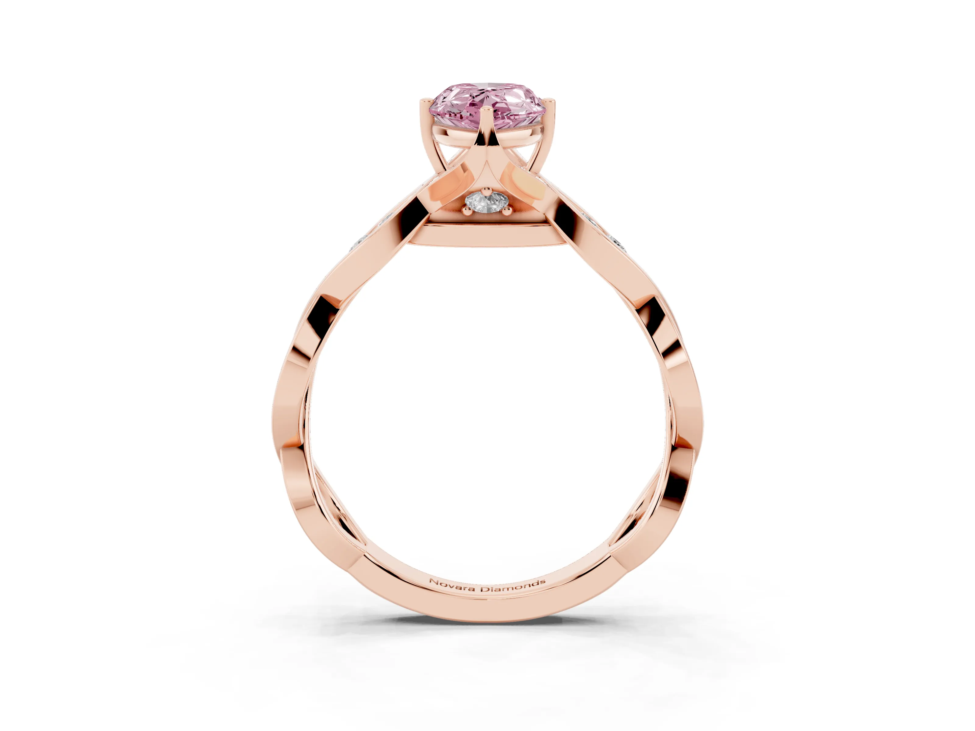 Fancy Pink Pear Cut Diamond Twist Band Solitaire Ring Set in Rose gold with Leaf Prong Setting and Accent Stones