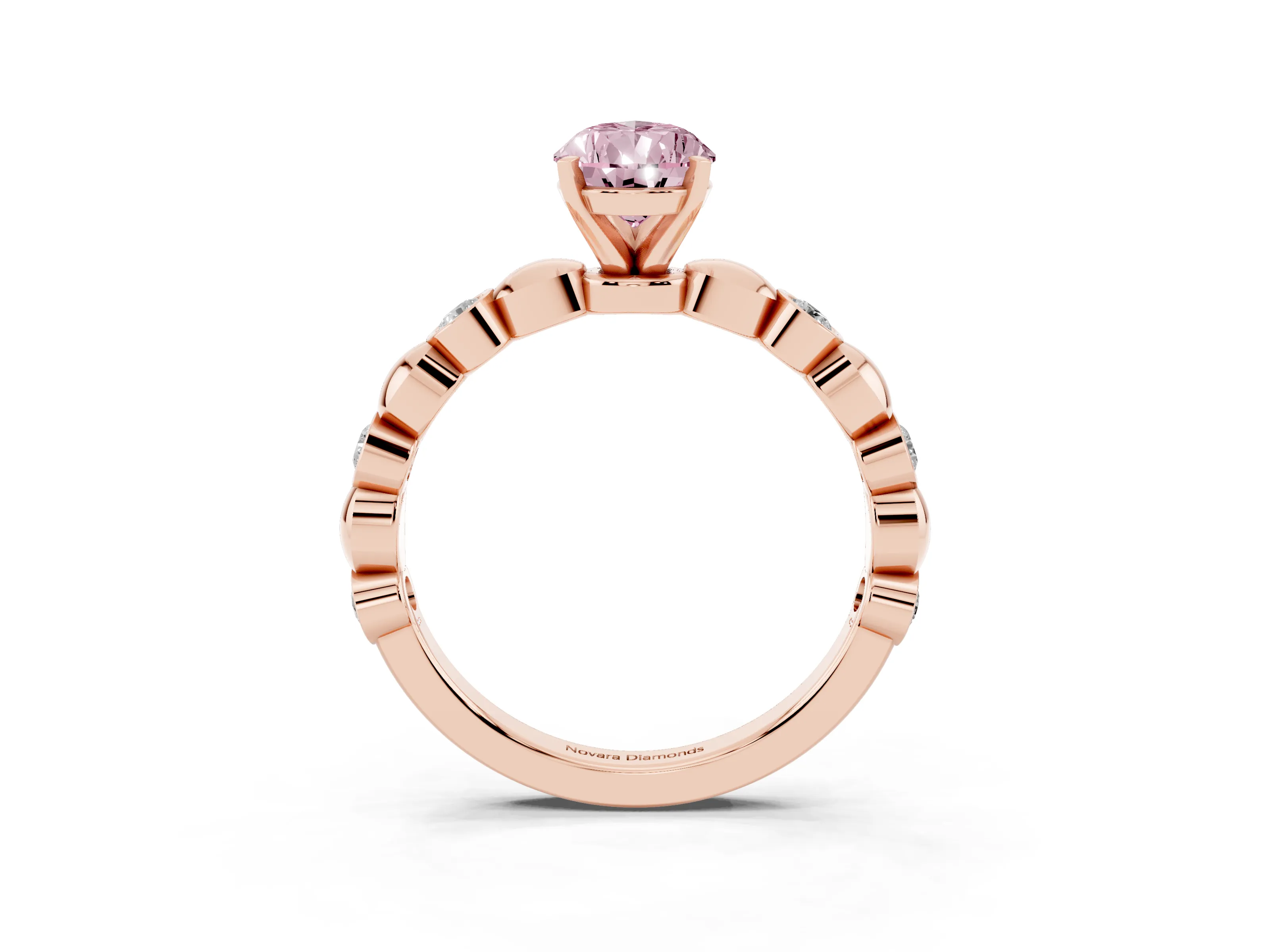 Fancy Pink Pear Cut Diamond Solitaire Ring Set in Rose gold with Bezel-Set Accents on Beaded Band and Prong Setting