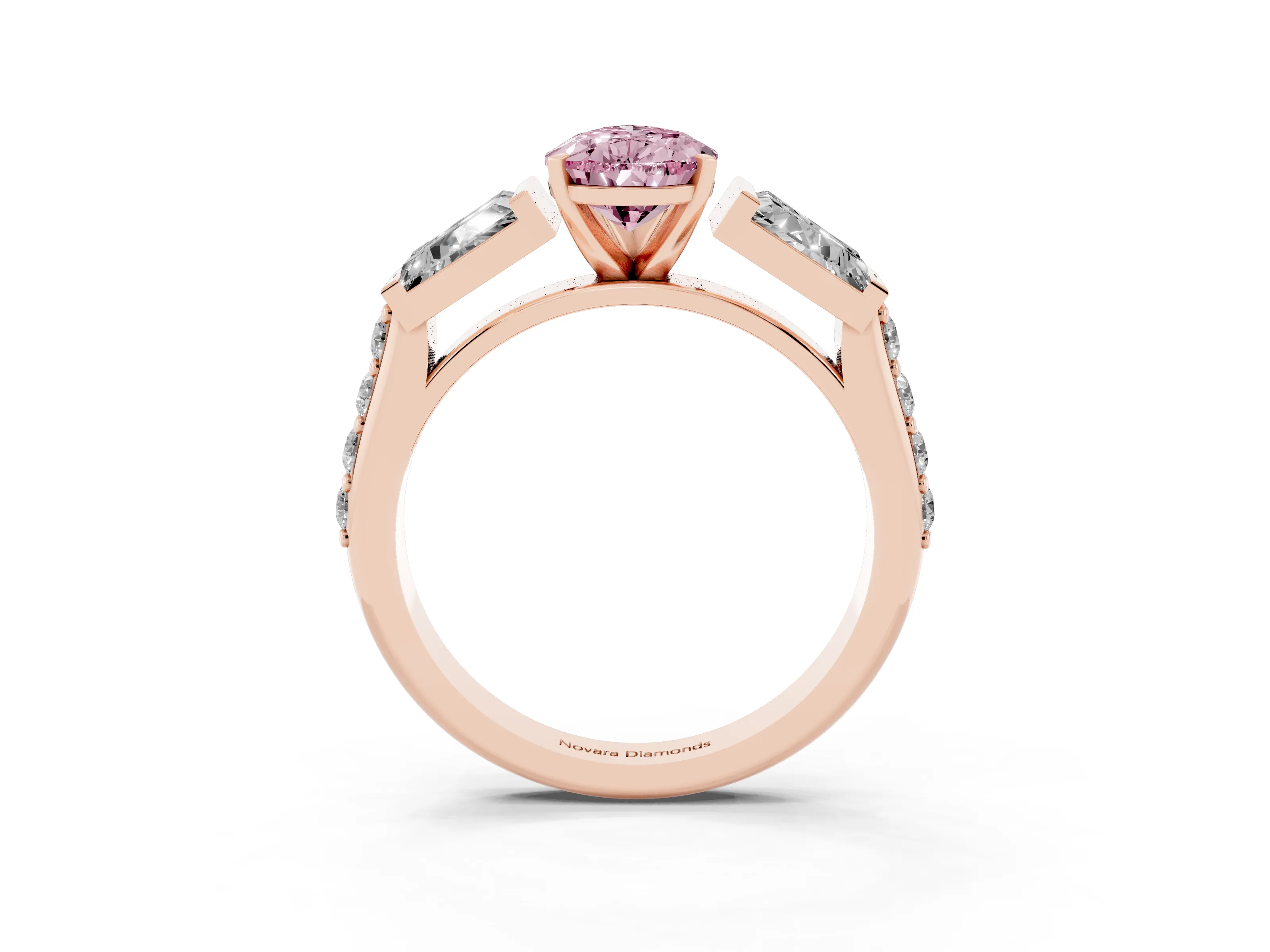 Fancy Pink Pear Cut Diamond Engagement Ring Set in Rose gold with Baguette Side Stones and Channel Set Band