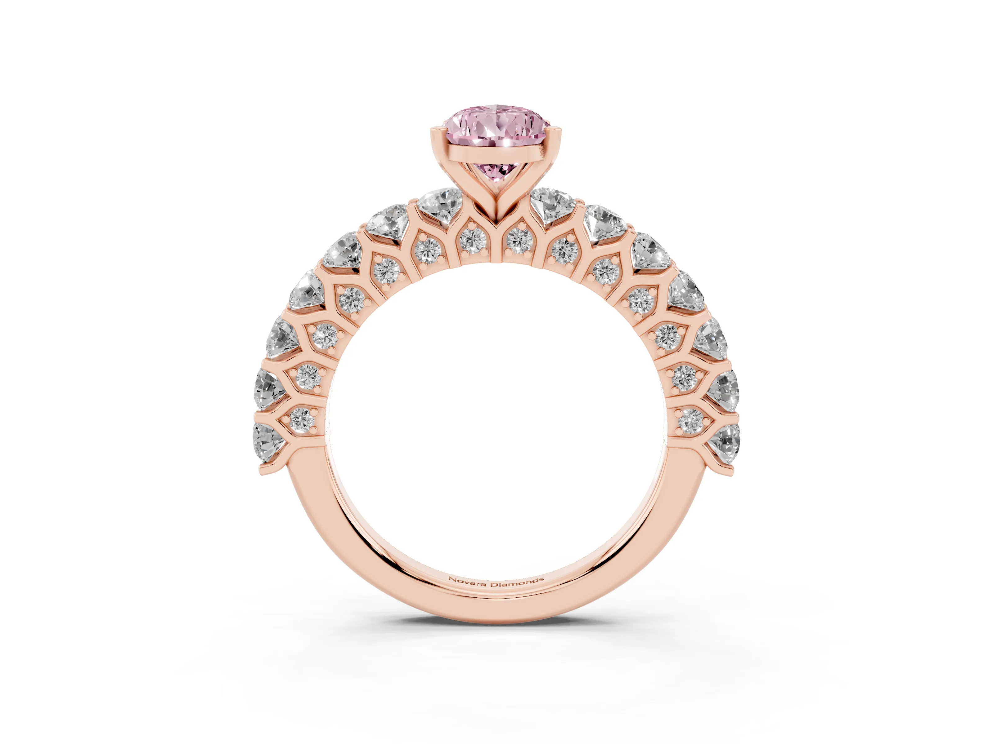 Fancy Pink Pear Cut Diamond Solitaire Ring Set in Rose gold with Shared Prong Pavé Band
