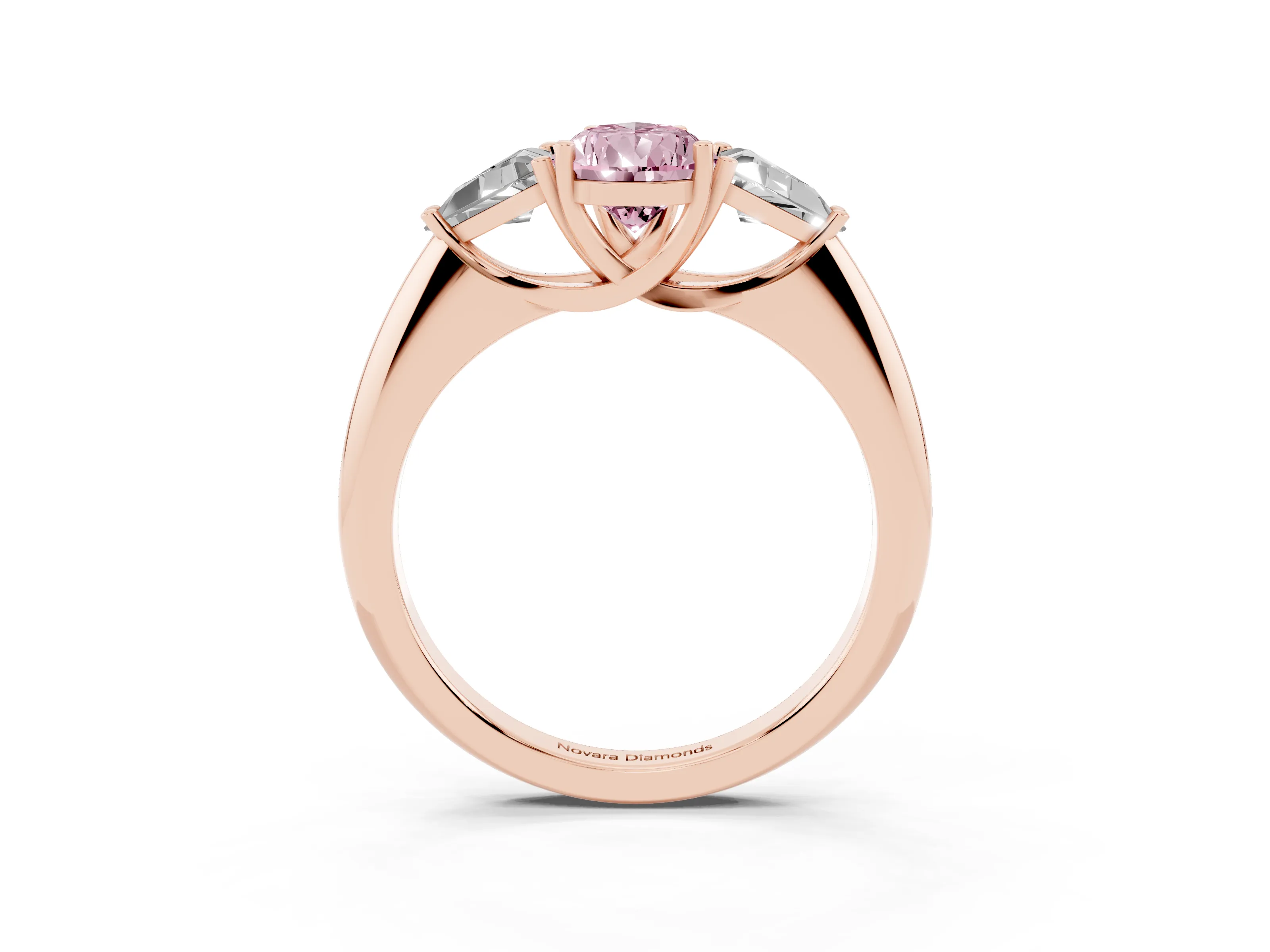Fancy Pink Pear Cut Diamond Three-Stone Engagement Ring Set in Rose gold with Trillion Side Stones