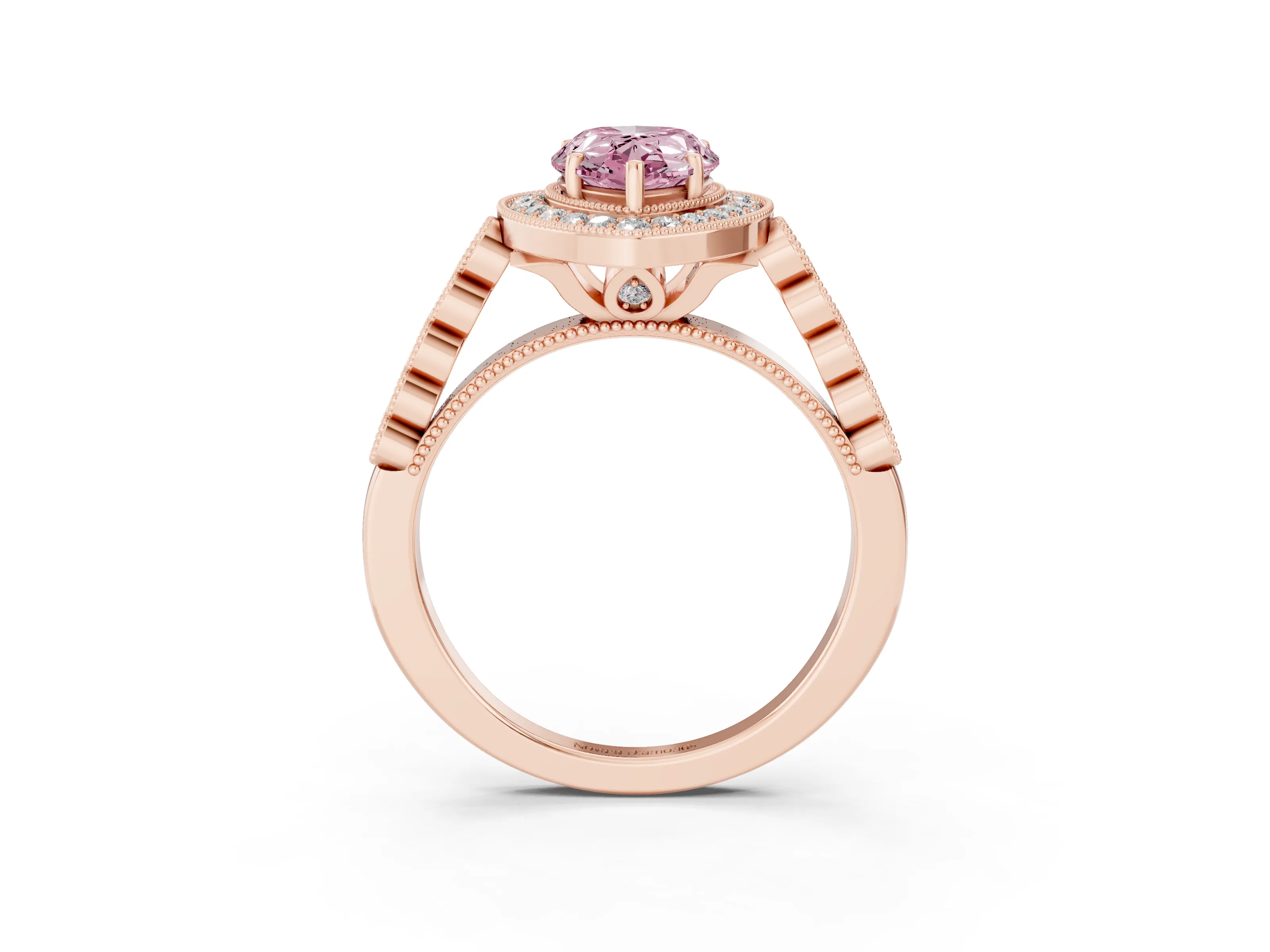 Fancy Pink Pear Cut Diamond Milgrain Halo Solitaire Ring Set in Rose gold with Bezel Set Side Stones and Pavé Band