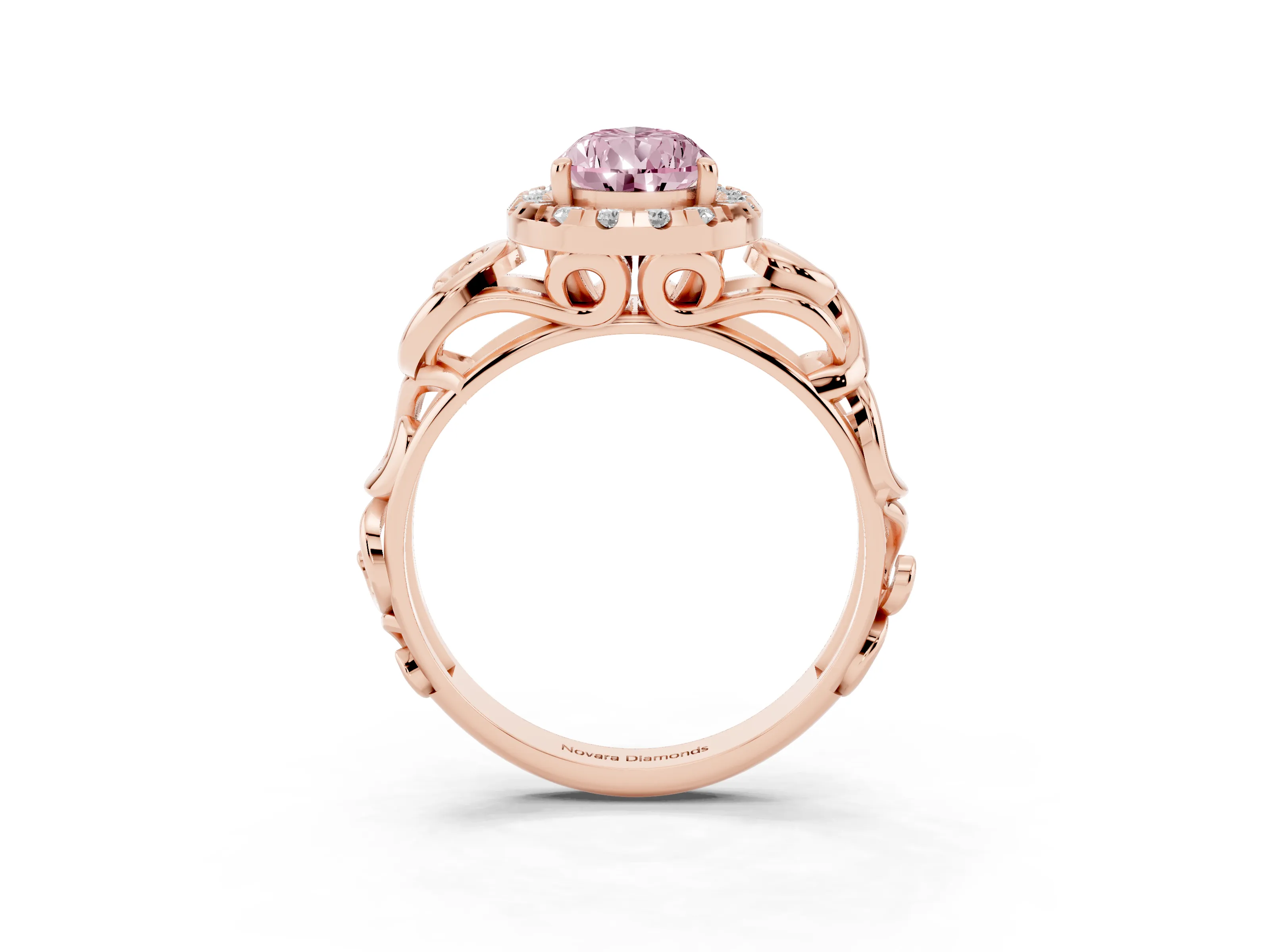 Fancy Pink Pear Cut Diamond Halo Ring Set in Rose gold with Scrollwork Band and Prong Setting