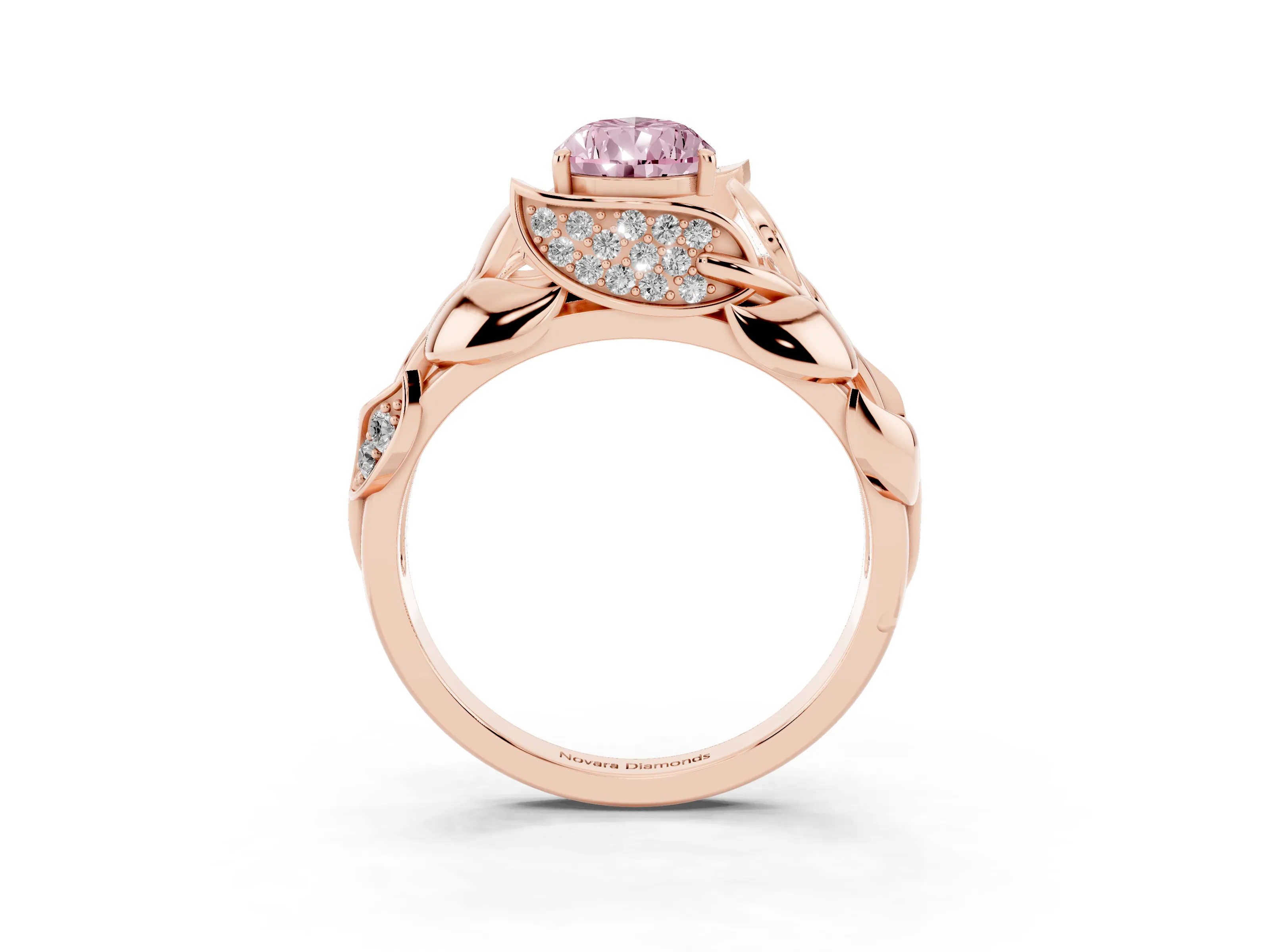 Fancy Pink Pear Cut Diamond Leaf-Inspired Engagement Ring Set in Rose gold with Round Accents