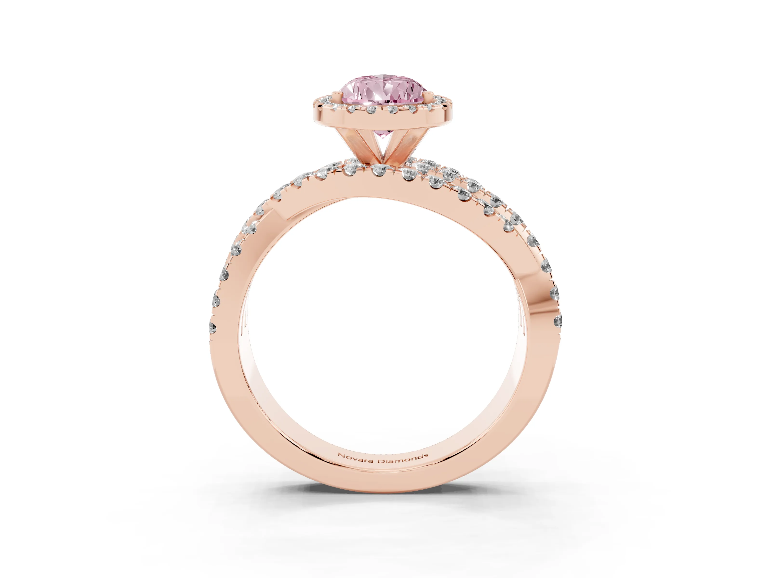 Fancy Pink Pear Cut Diamond Halo Ring Set in Rose gold with Round Crossover Split Shank and Prong Setting