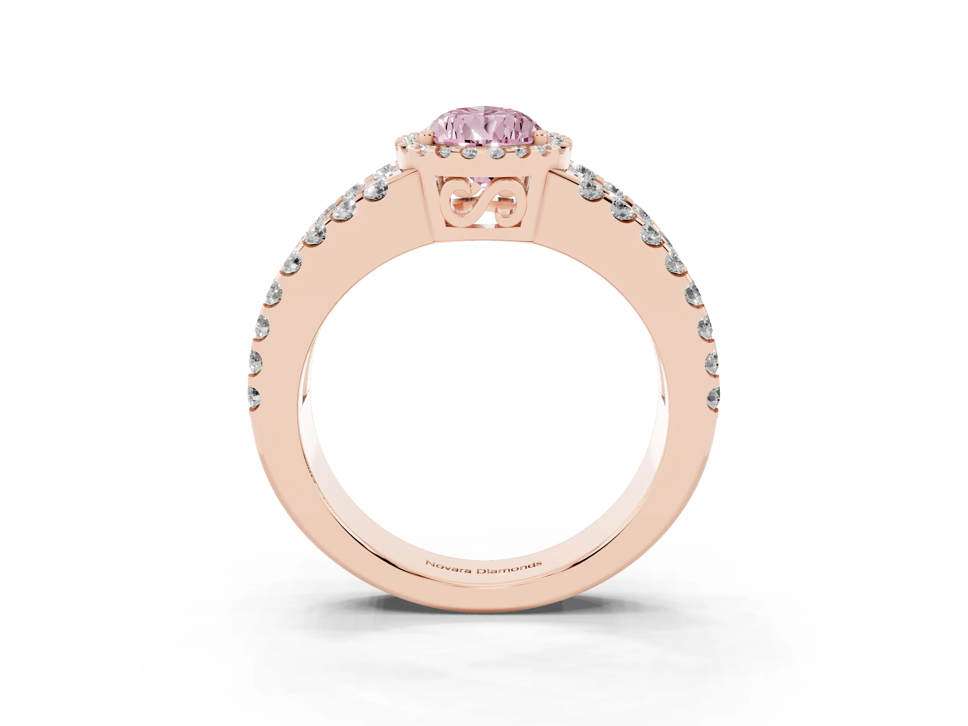 Fancy Pink Pear Cut Diamond Halo Ring Set in Rose gold with Pavé Split Shank and Prong Setting
