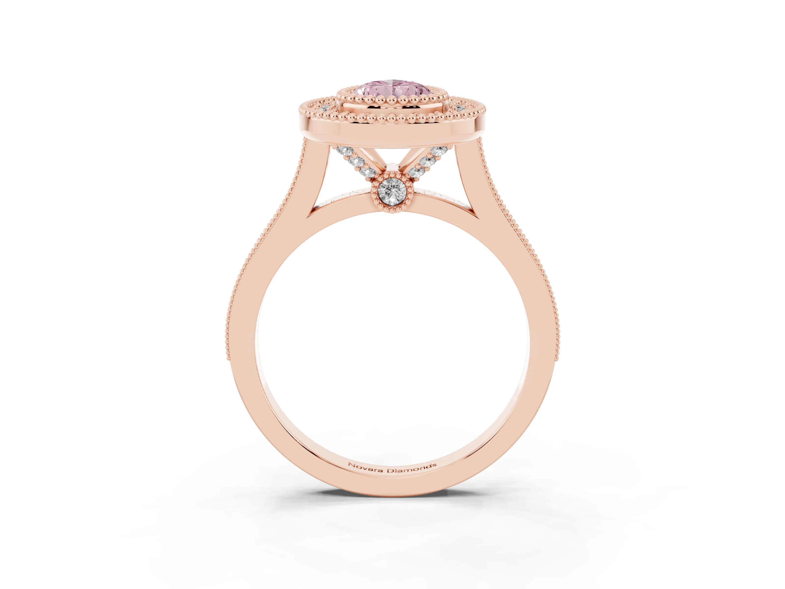 Fancy Pink Pear Cut Diamond Halo Ring Set in Rose gold with Milgrain Frame and Pavé Band