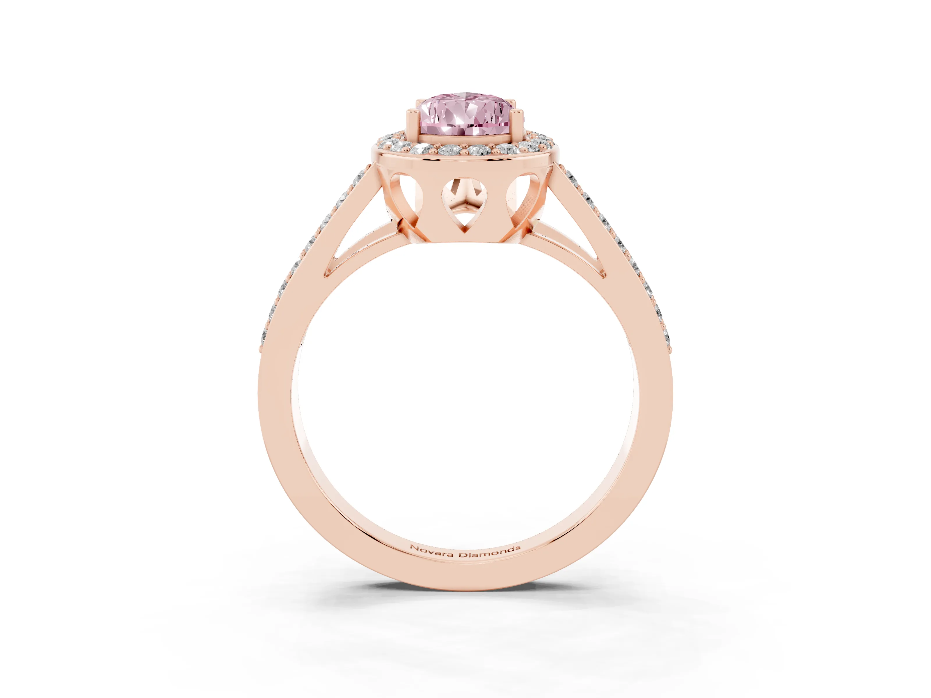 Fancy Pink Pear Cut Diamond Halo Ring Set in Rose gold with U-Prong Split Shank and Prong Setting