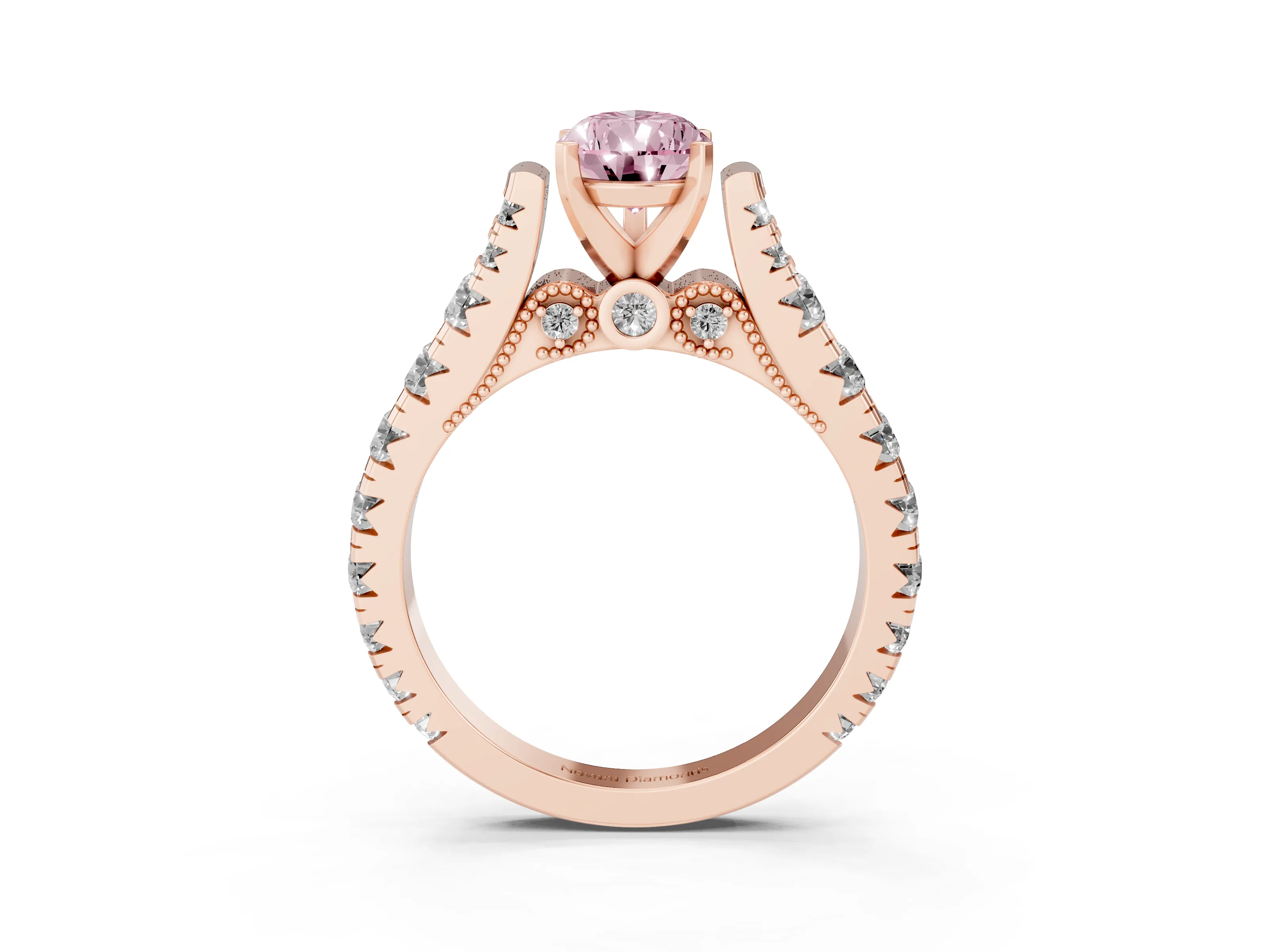 Fancy Pink Pear Cut Diamond Classic Solitaire Ring Set in Rose gold with Pavé Band and Prong Setting