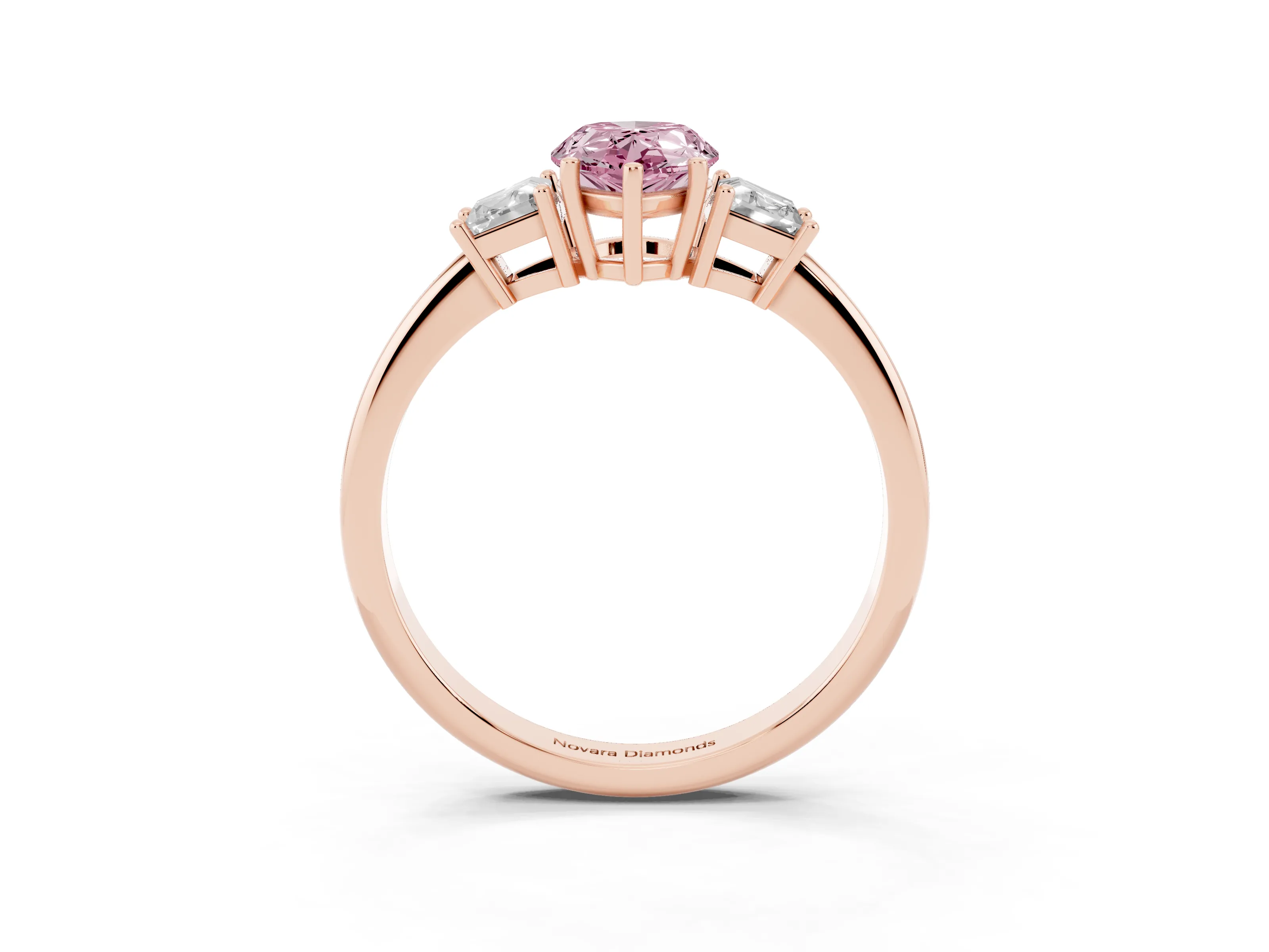 Fancy Pink Pear Cut Diamond Three-Stone Ring Set in Rose gold with Trapezoid Side Stones and Prong Setting