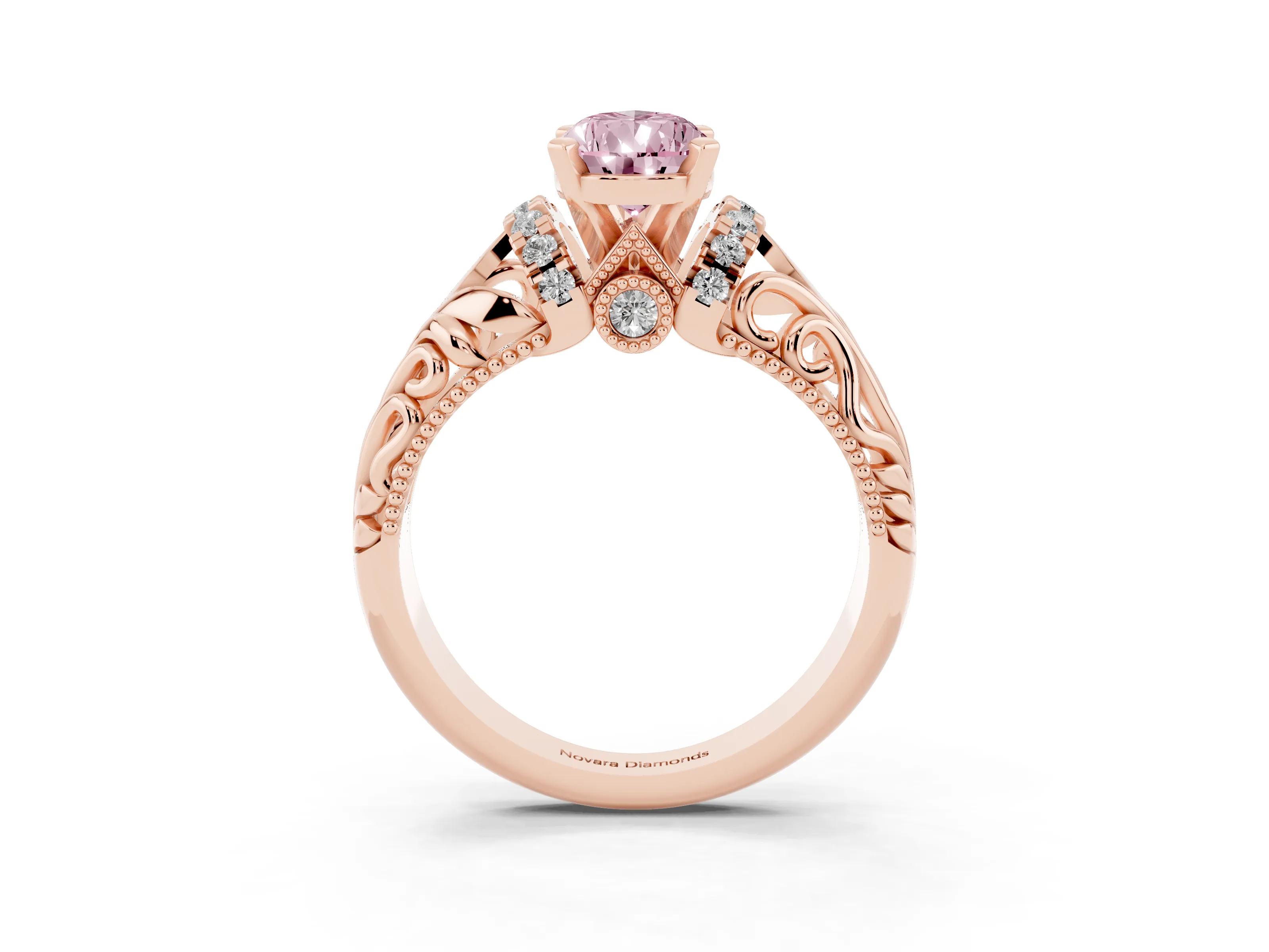 Fancy Pink Pear Cut Diamond Filigree Halo Engagement Ring Set in Rose gold with Prong Setting