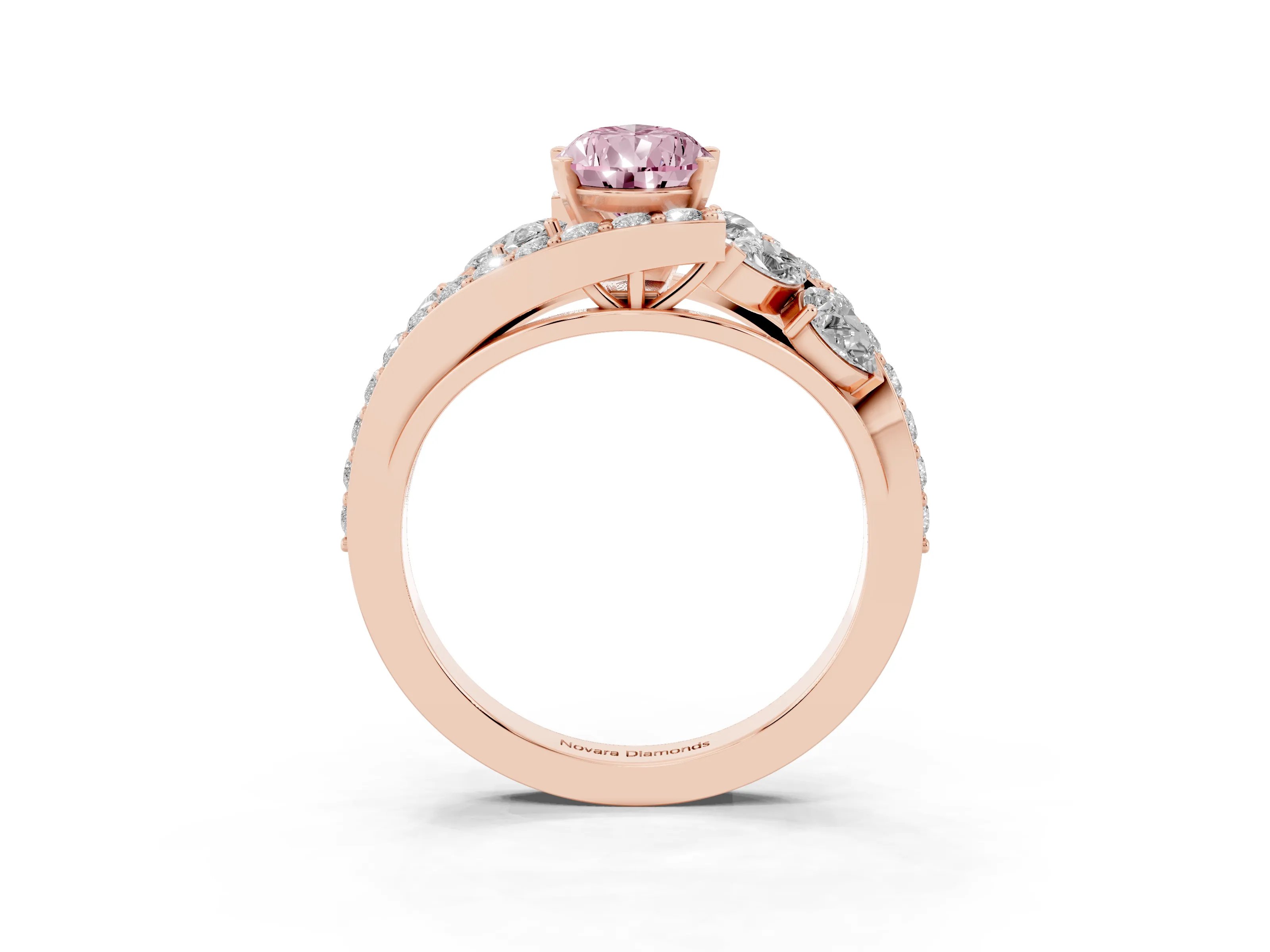 Fancy Pink Pear Cut Diamond Halo Ring Set in Rose gold with Marquise and Pavé Band in Prong Setting