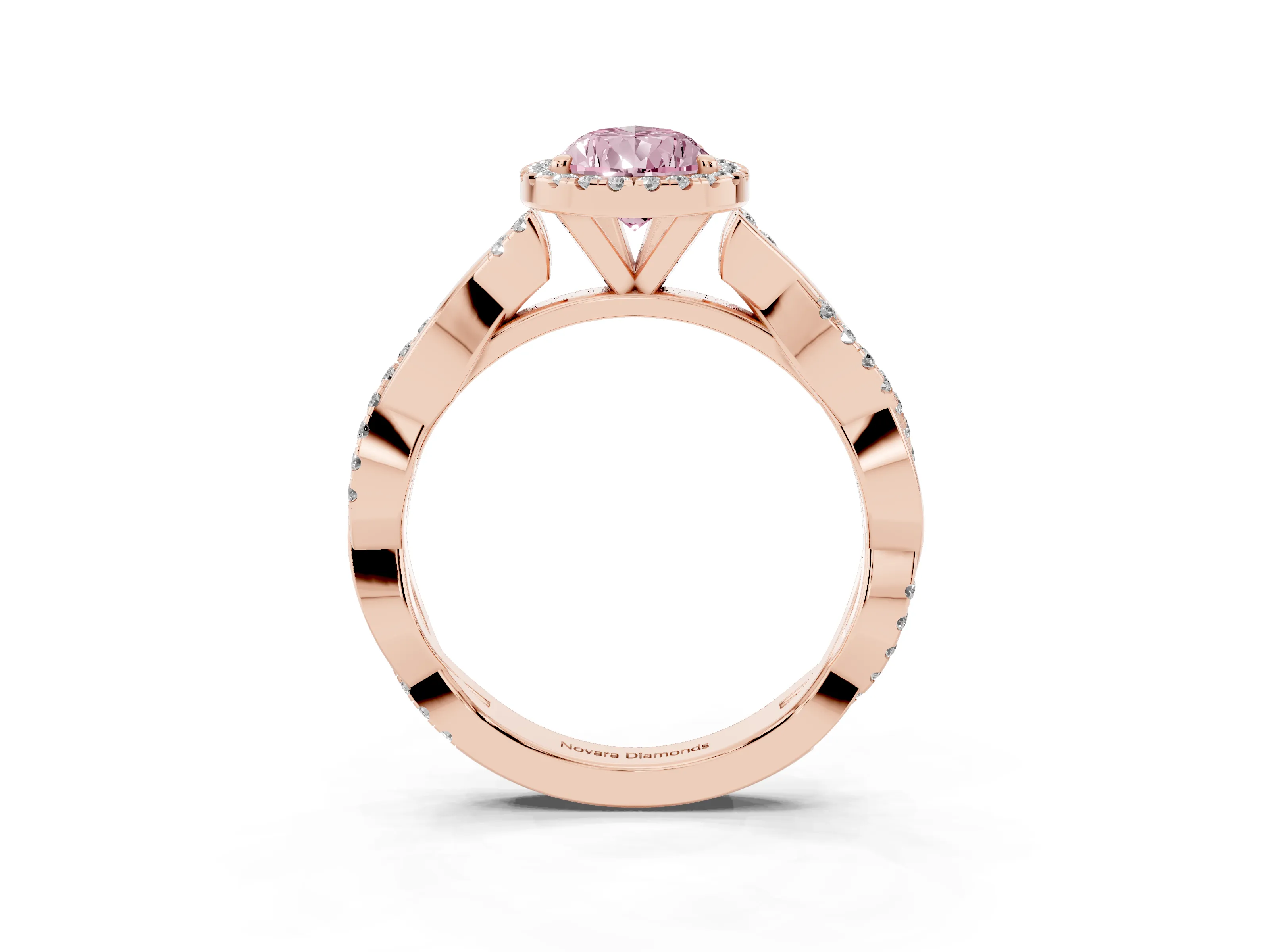 Fancy Pink Pear Cut Diamond Halo Twisted Band Ring Set in Rose gold with Prong Setting