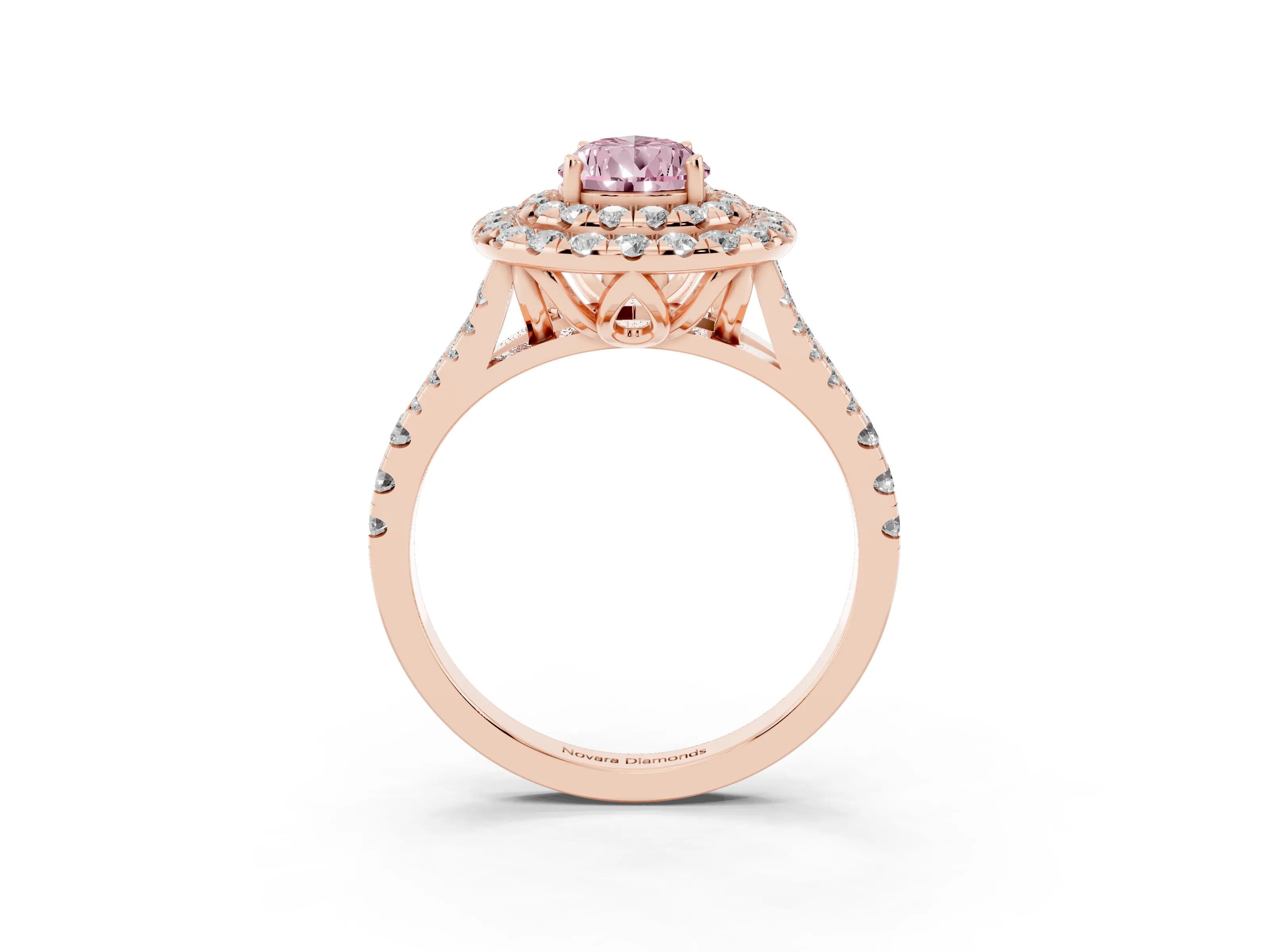 Fancy Pink Pear Cut Diamond Double Halo Ring Set in Rose gold with Pavé Split Shank and Prong Setting