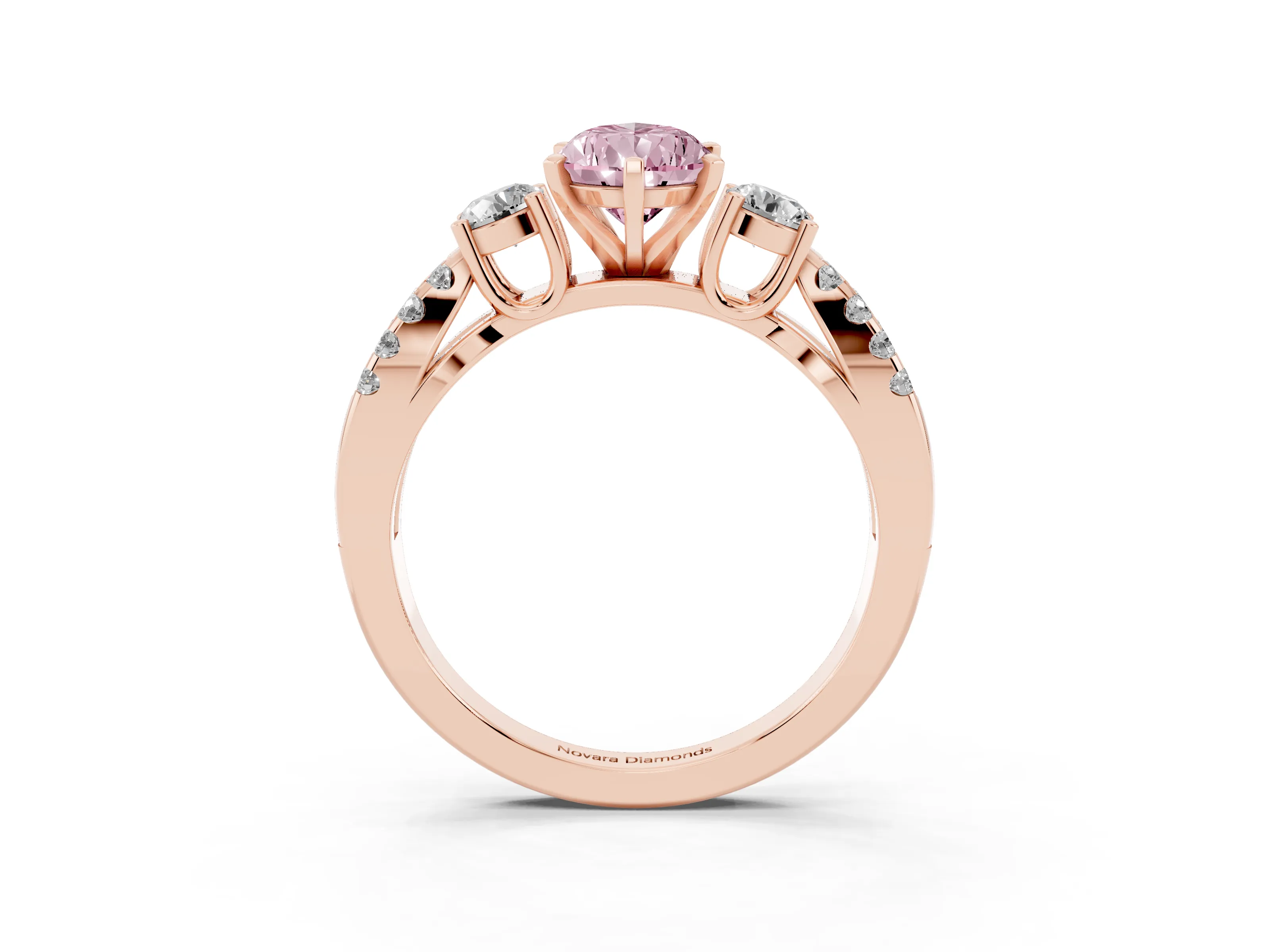 Fancy Pink Pear Cut Diamond Three-Stone Ring Set in Rose gold with Pavé Split Shank and Prong Setting