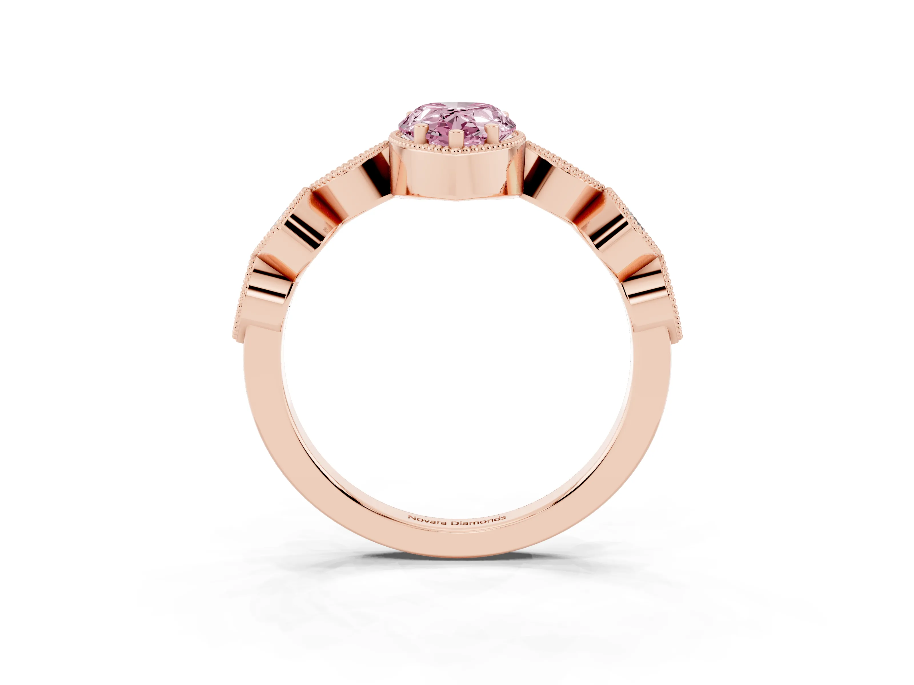 Fancy Pink Pear Cut Diamond Vintage-Inspired Milgrain Ring Set in Rose gold with Marquise Stations of Round Accents